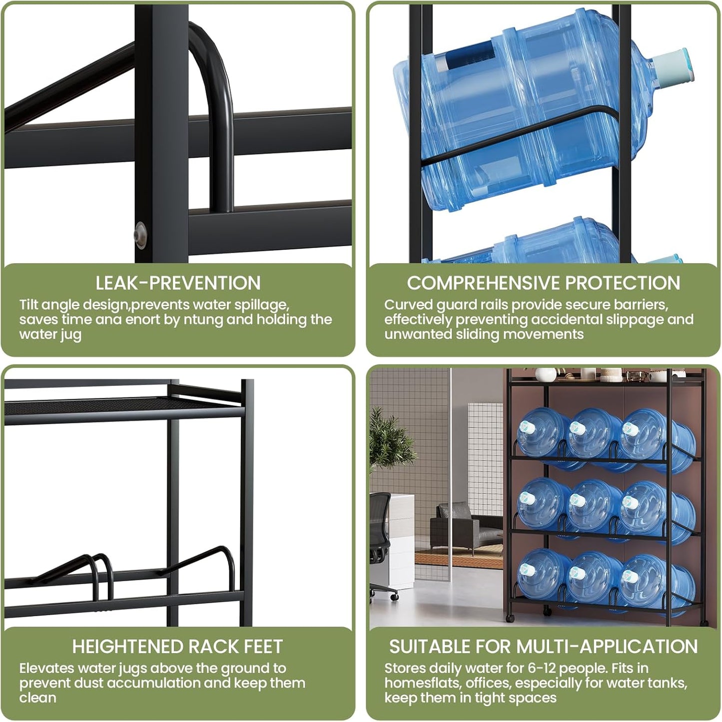 5 Gallon Water Bottle Holder, Water Jug Rack with Top Shelf, Wheels, Movable Water Jug Stand, Two Carry Handles, Heavy Duty 9-Tray Water Jug Stand for Kitchen Office Living Room Garage, Black