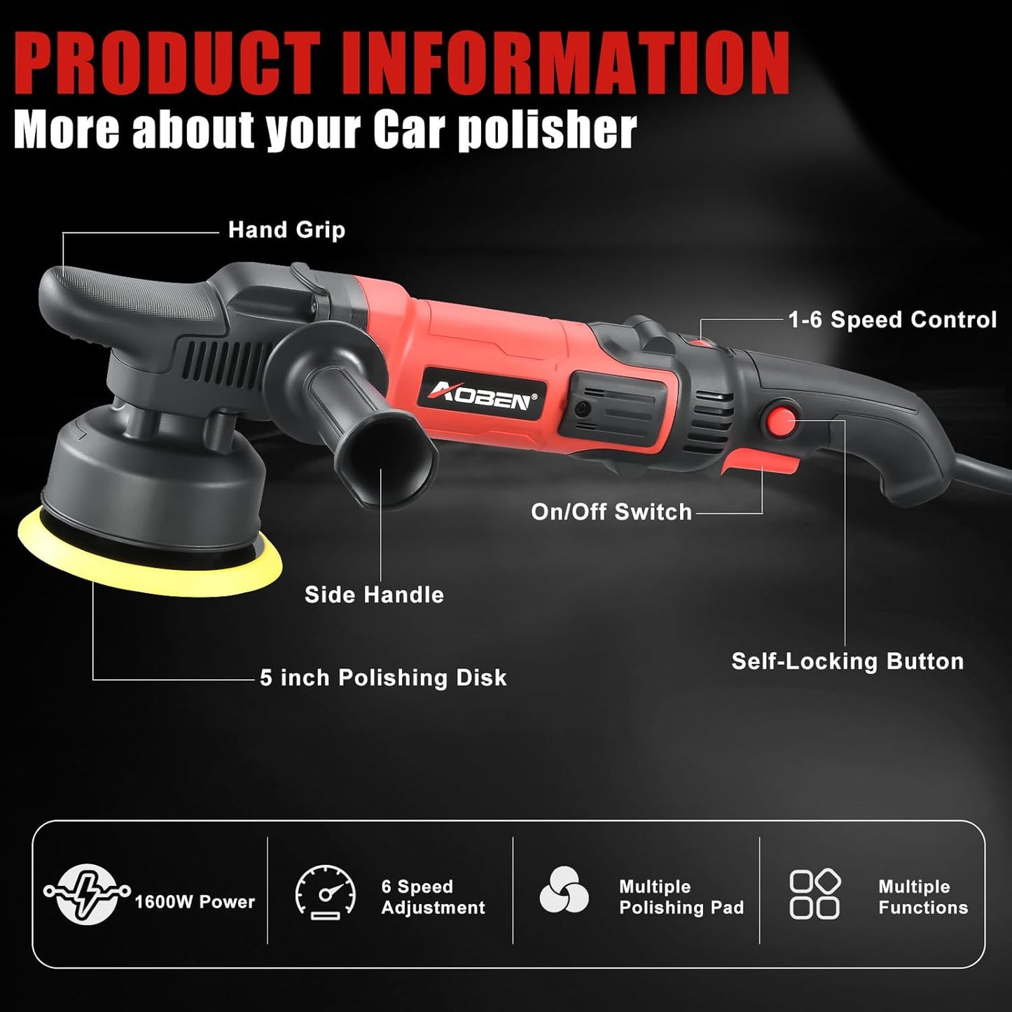 AOBEN Buffer Polisher,5 inch DA Car Polisher,Long Orbit 16mm Random Buffer Polisher kit with 6 Variable Speed 1000-5500rpm,Detachable Handle,7 Buffing Pads for Car detailing Polishing and Waxing