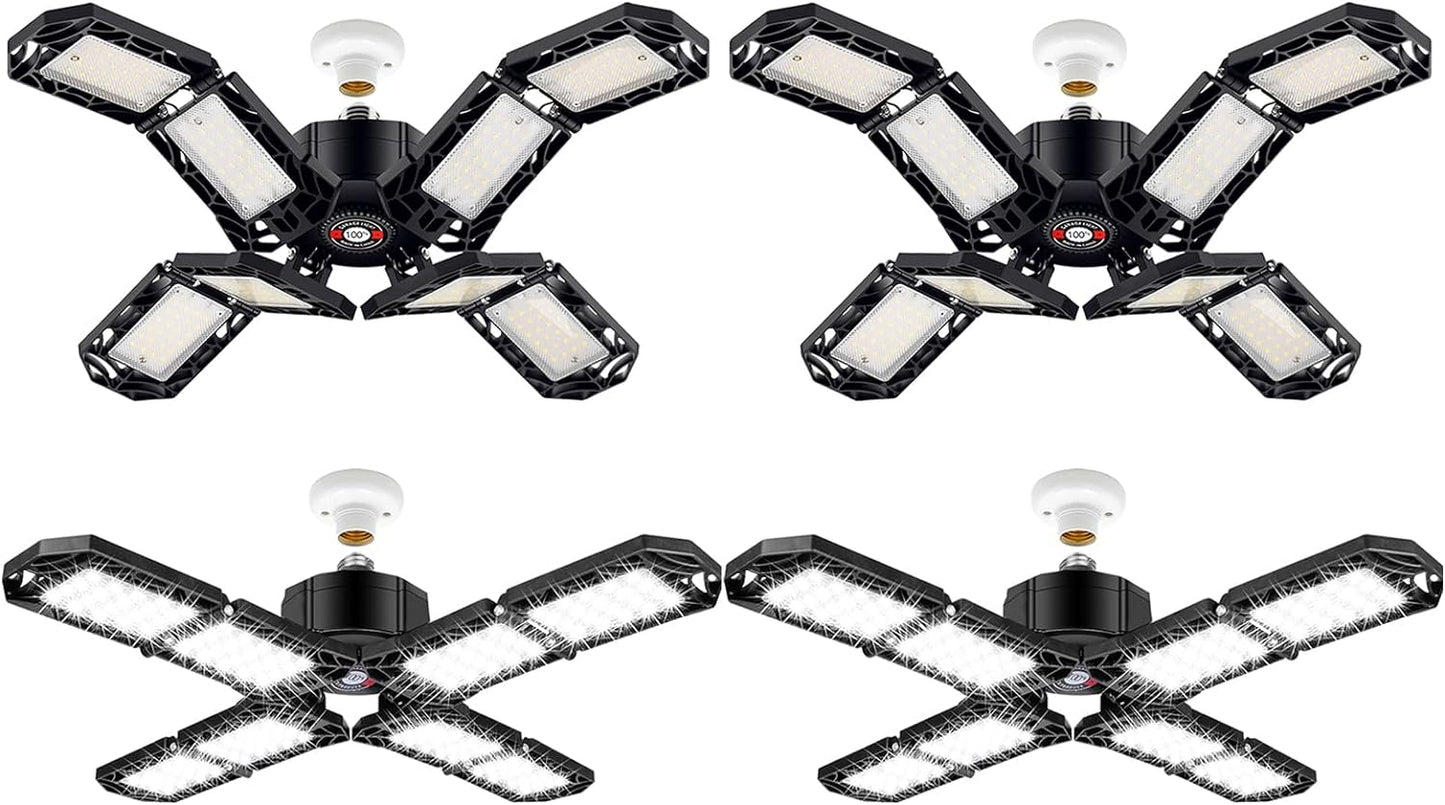 4 Pack LED Garage Light, Super Bright Screw in E26/E27 Ceiling Shop Work Lamp, 200W 20000 Lumen Deformable Basement Bulb Fixture with 8 Adjustable Panels