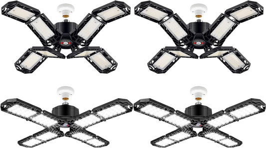 4 Pack LED Garage Light, Super Bright Screw in E26/E27 Ceiling Shop Work Lamp, 200W 20000 Lumen Deformable Basement Bulb Fixture with 8 Adjustable Panels