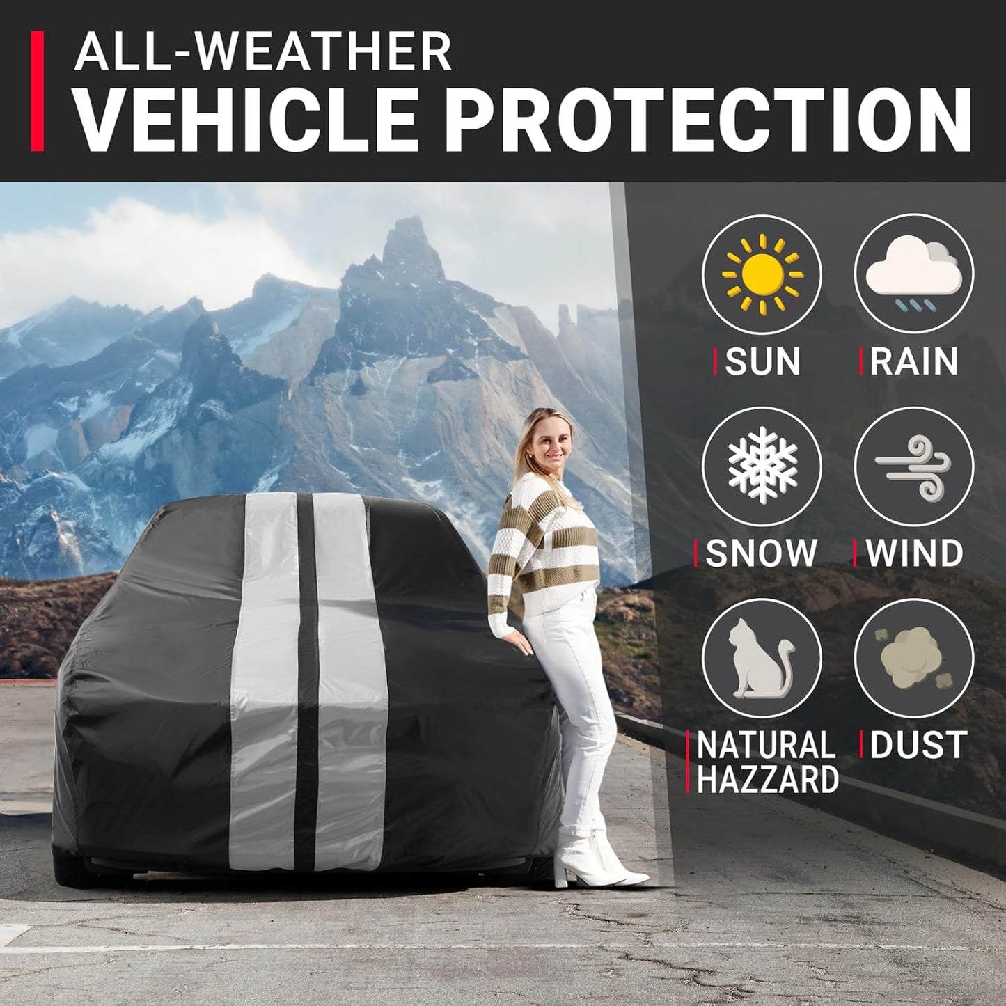 iCarCover Custom Car Cover for Chevy Corvair 2-Door, 4-Door (1960-1969) Waterproof All Weather Rain Snow UV Sun Protector Full Exterior Indoor Outdoor Car Cover (Stripe - Black/Gray)