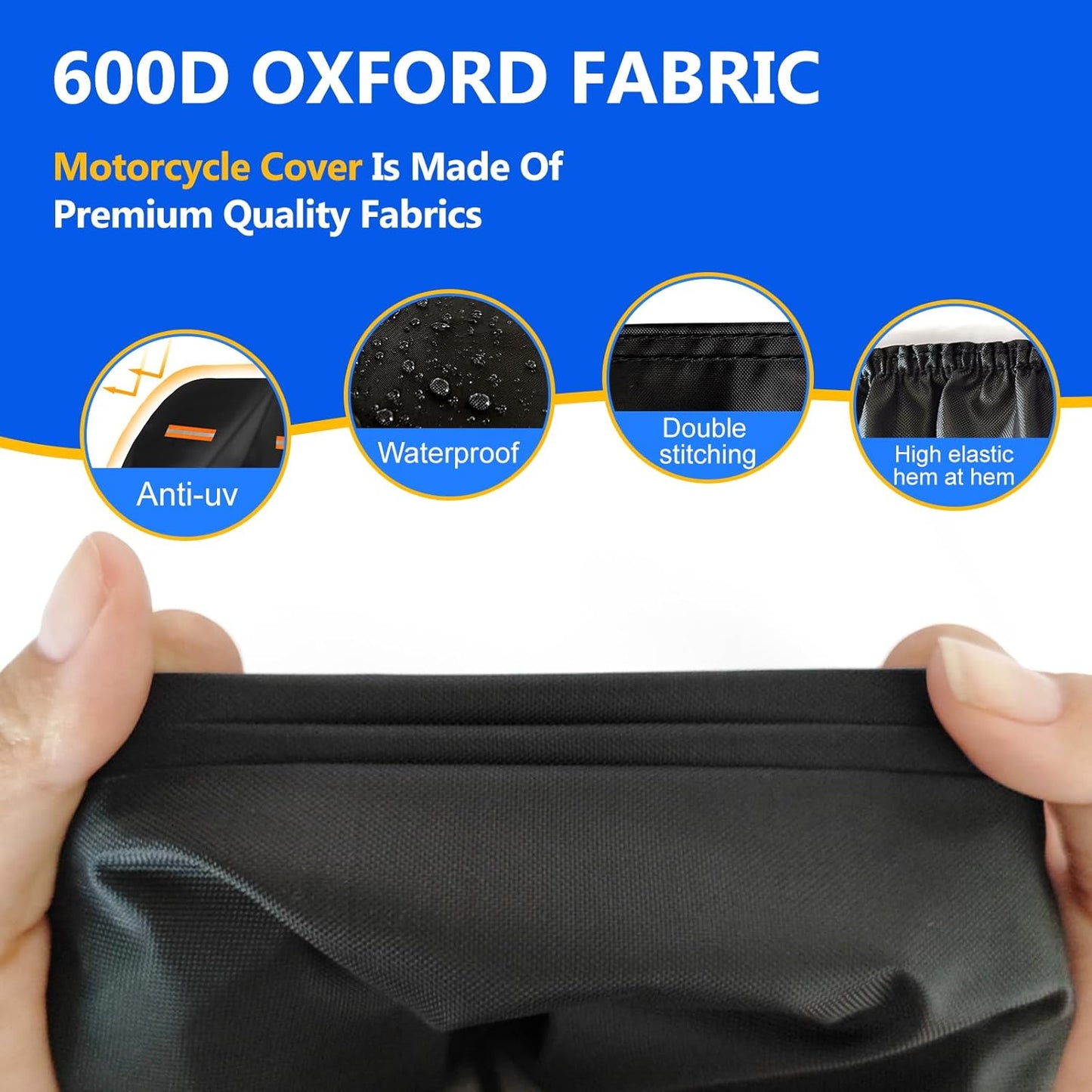 Motorcycle Cover, 600D Heavy Duty Waterproof Motorbike Cover,Dustproof Motorcycles Vehicle Cover Scooter Shelter Protection with Reflective Strips & Storage Bag 105" x 41" x 50"