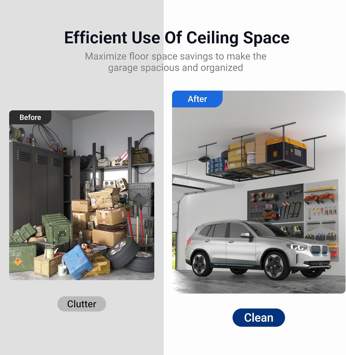 FLEXIMOUNTS 4x8 Overhead Garage Storage Rack, Adjustable Organization System, Heavy-Duty Metal Ceiling Racks, 600lbs Weight Capacity, Hammertone
