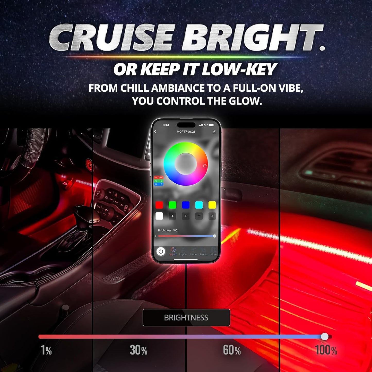 OPT7 Aura Pro 6PC Double LED Interior Strip Lights with APP & Remote Control, Multicolor Mode, Sound Active Inside Ambient Lighting Kit, Truck SUV RV Footwell Floor Decor, 12V Car Charger