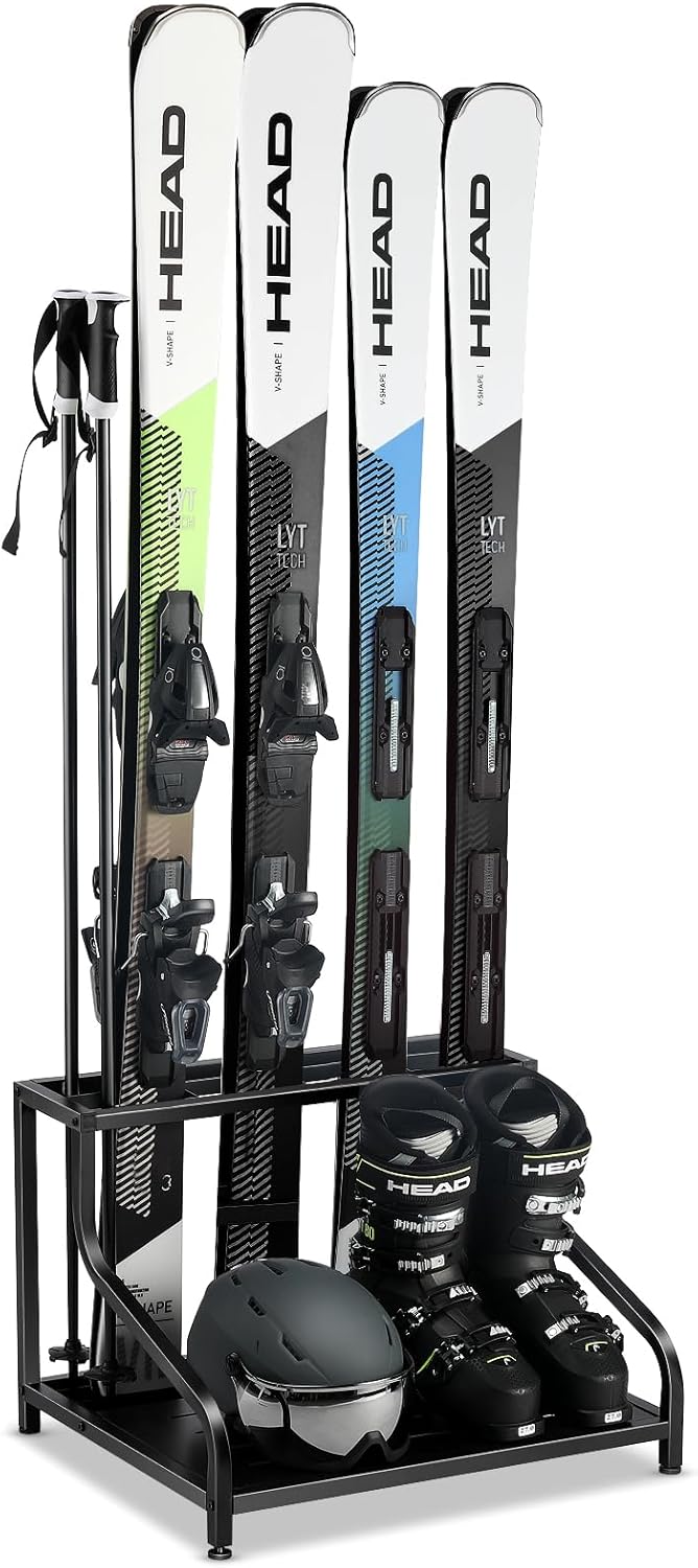 Ski Storage Rack for Garage - Freestanding Ski Holders for 4 Pairs of Skis, Ski Boot, Ski Poles, Goggles, Helmet and More, Heavy Duty Steel Floor Stand Ski Organizer for Garage Basement