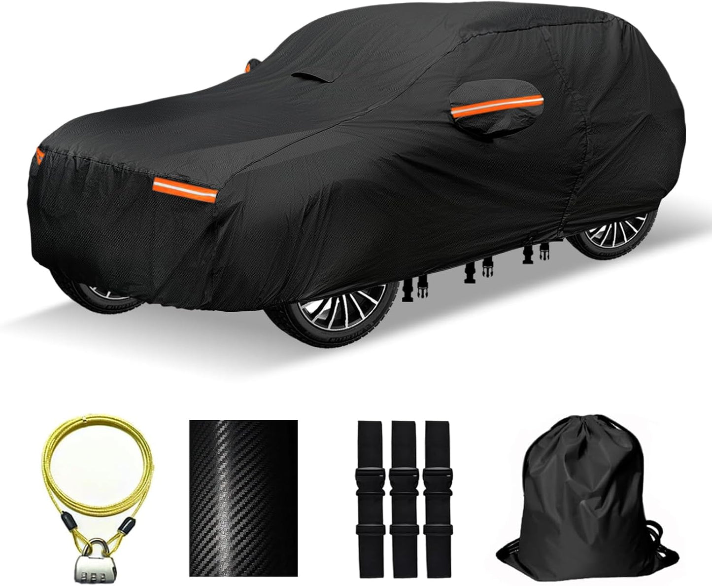 30 Layers SUV Car Cover for Automobiles All Weather Waterproof, Outdoor Snowproof UV Protection Windproof, Door Zipper, Soft Cotton, Heavy Duty Universal Car Covers, (Black, Fit SUV 191"-200")