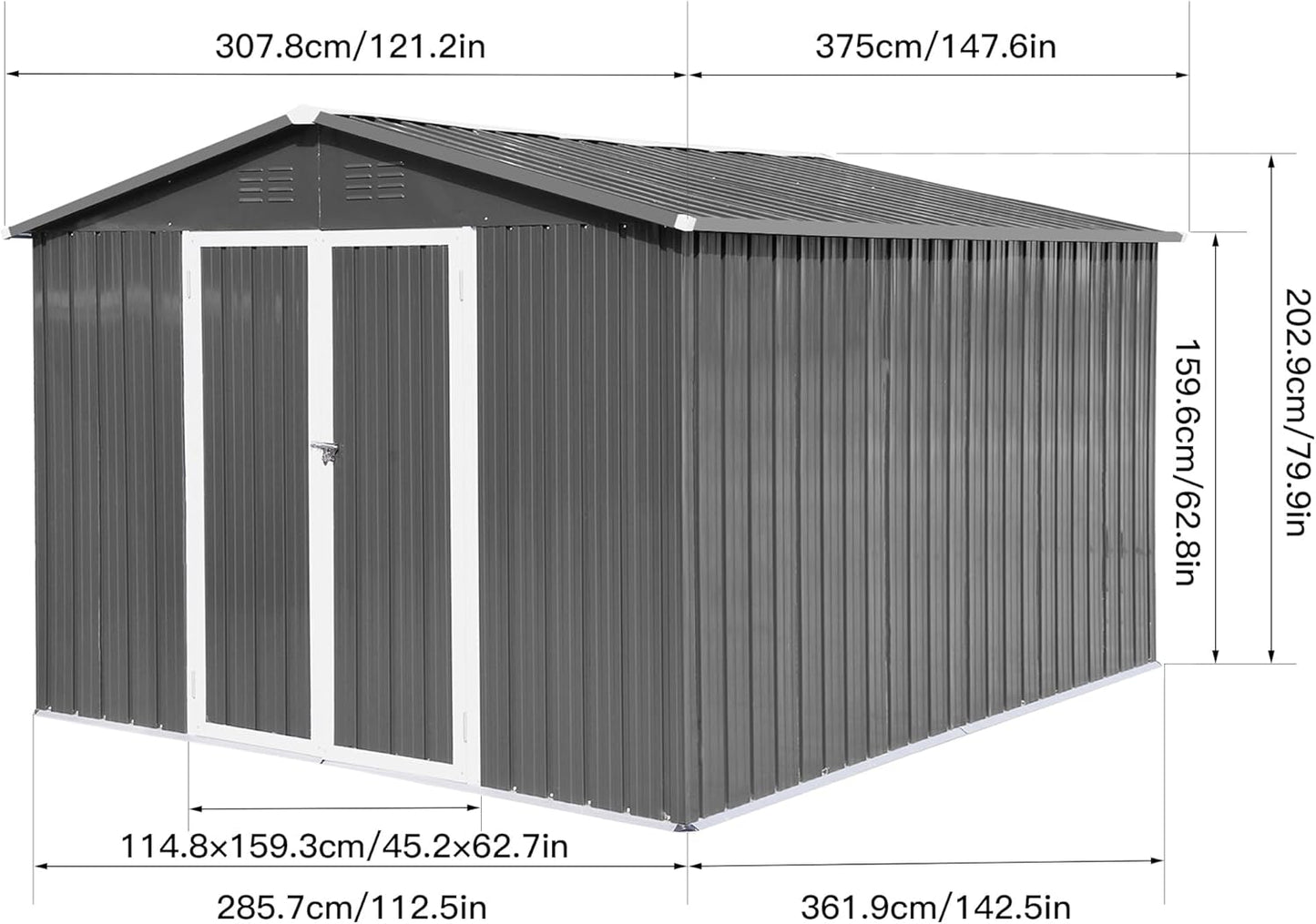 12 x 10 FT Metal Garden Shed, Outdoor Storage Shed with Heavy-Duty Steel Construction, Built-in Punched Vents & Hinged Door, Free Padlock for Secure Backyard, Patio & Garage Storage, Grey