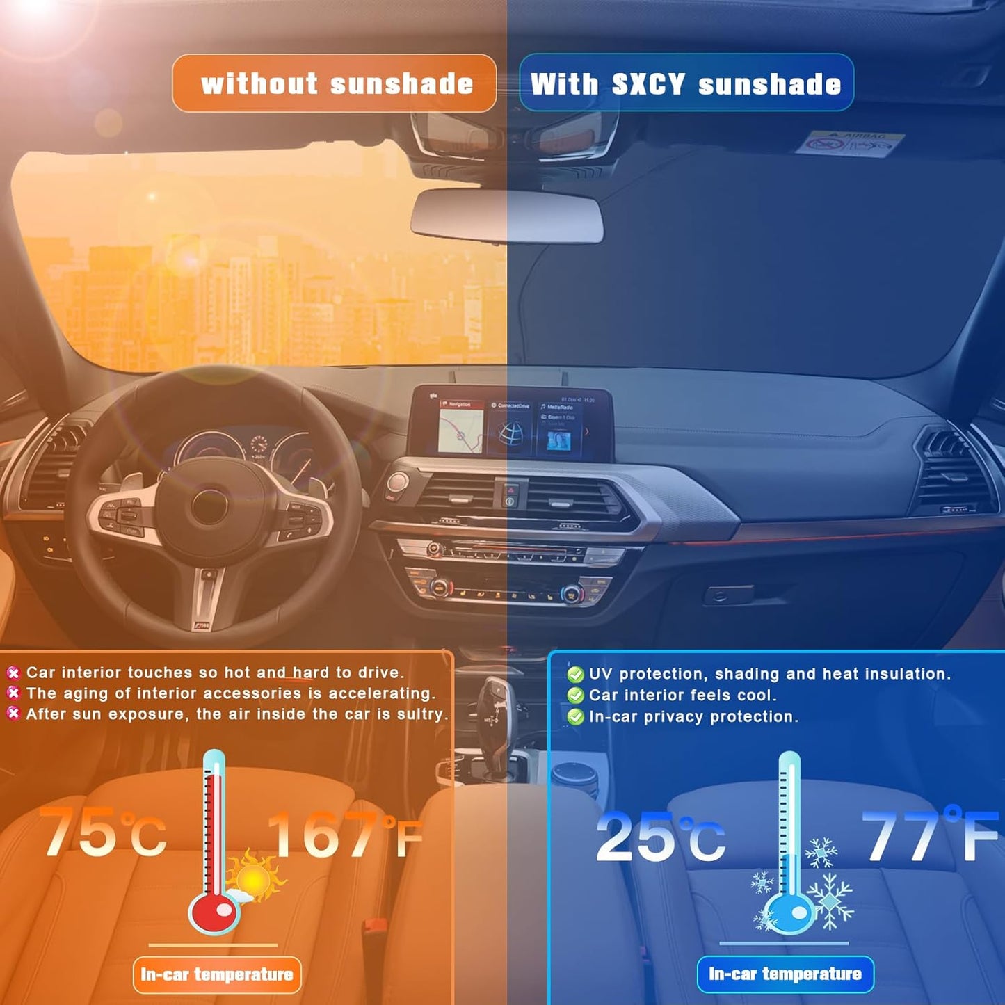 SXCY for 2018-2023 2024 BMW X3 Windshield Sunshade for 2021-2023 2024 X3 30i/M40i/M Accessories 2023 2024 X3M Sun Shade Foldable Sun Shield 2022 2023 2024 X3 Sun Protector Block UV Ray