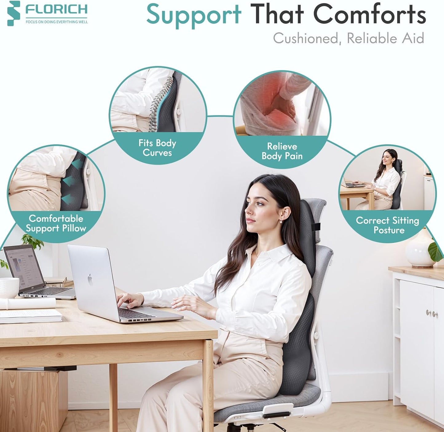 FLORICH Car Lumbar Support Pillow and Neck Headrest Pillow for Office Chair, Ergonomic Memory Foam, Relieves Neck, Back Pain, Pressure-Relieving Back Support for Car, Office Chair & Wheelchair – Gray