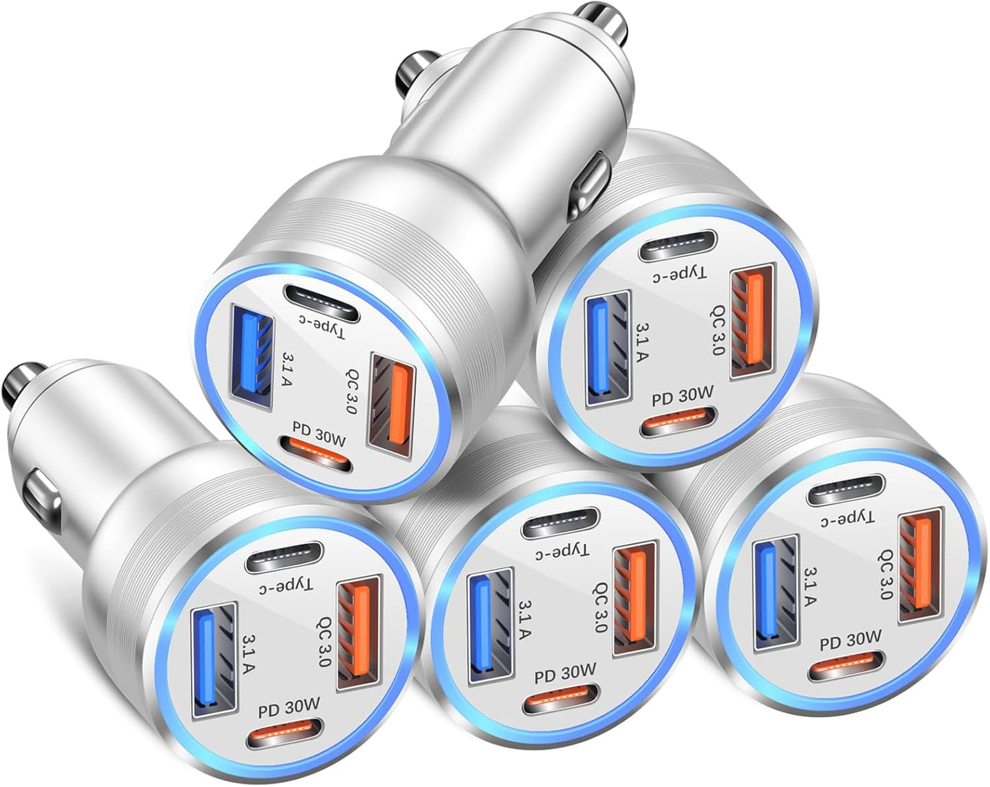 USB C Car Charger 5 Pack, Bangfun 65W 4-Port Dual 12V USB Car Charger QC+PD 3.0 Fast Charging Cigarette Lighter Adapter Plug for iPhone 16 15 14 13 12 11 Pro Max iPad,Samsung (Silver)