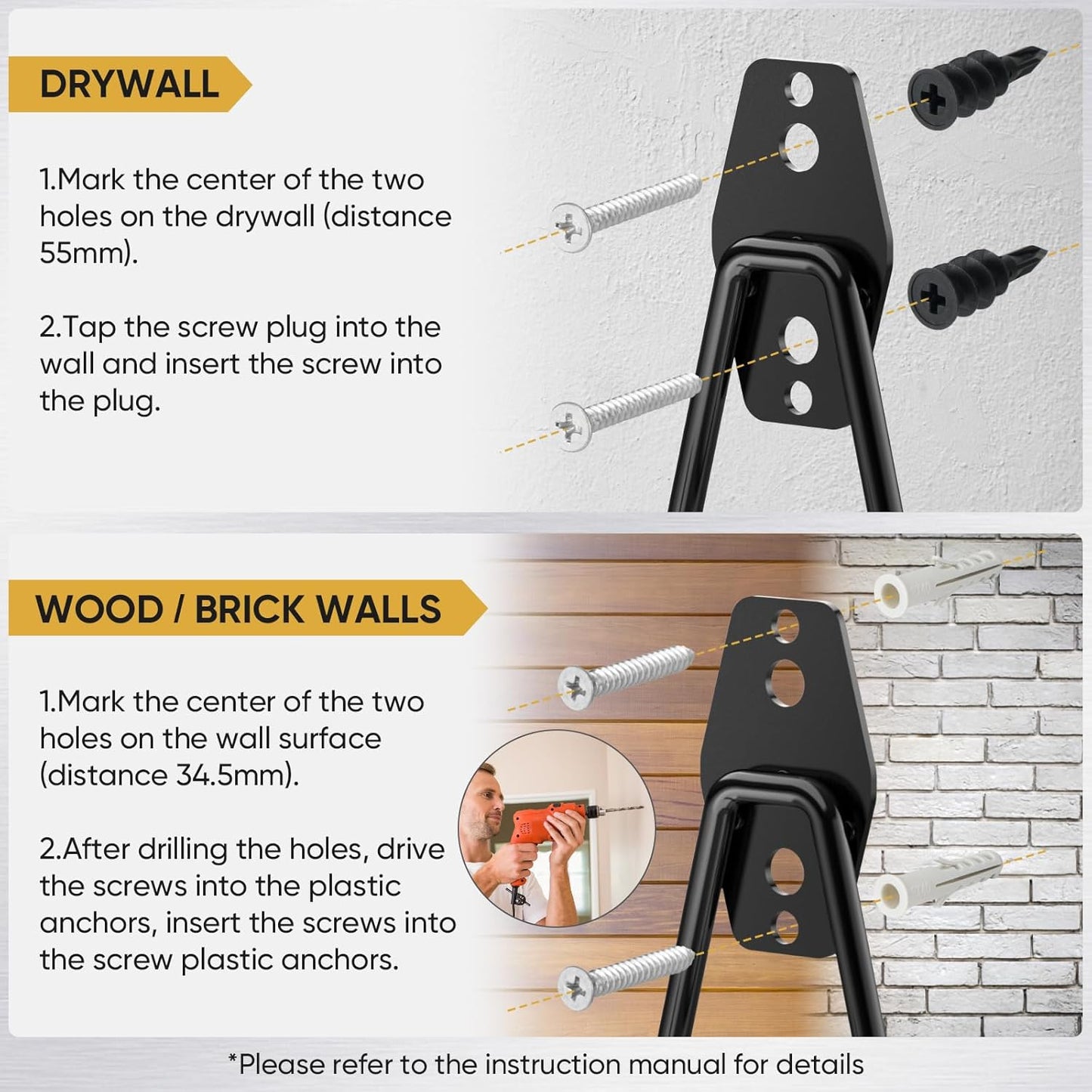 TICONN 2 Pack Heavy Duty Garage Hooks, Steel Utility Wall Storage Hooks, Wall Mount Hanger Organizer for Ladders, Bikes, Tools, Bulky Items (Large, Yellow Square)