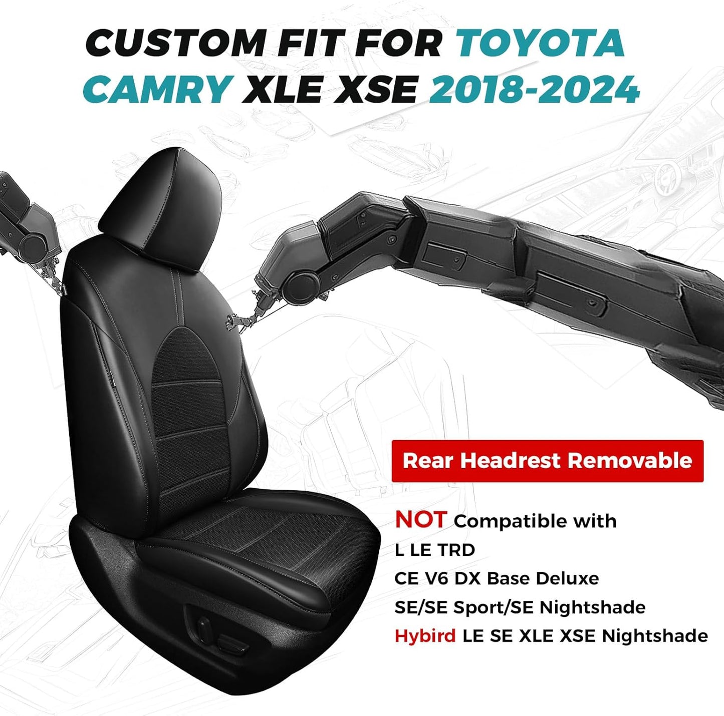 for Toyota Camry Seat Covers XLE XSE V6 2018 2019 2020 2021 2022 2023 2024 - Waterproof Breathable Leather Seat Covers for Cars, Custom Fit Car Seat Covers Full Set, Black Not for Hybrid