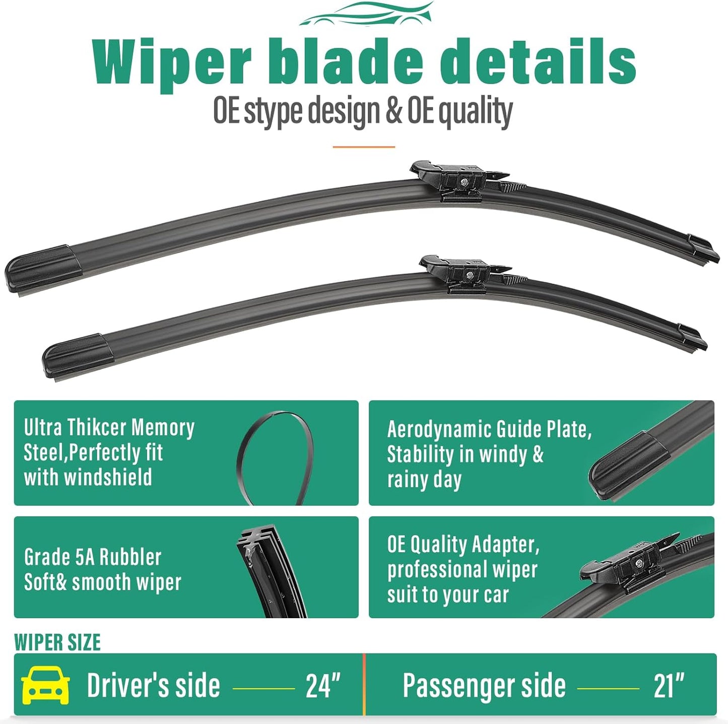 24" 21" 11" Windshield Wiper Blades Replacement for GMC Acadia 2013 2014 2015 2016 Premium All Weather Front Rear Wipers Set - OEM Quality (Pack of 3)