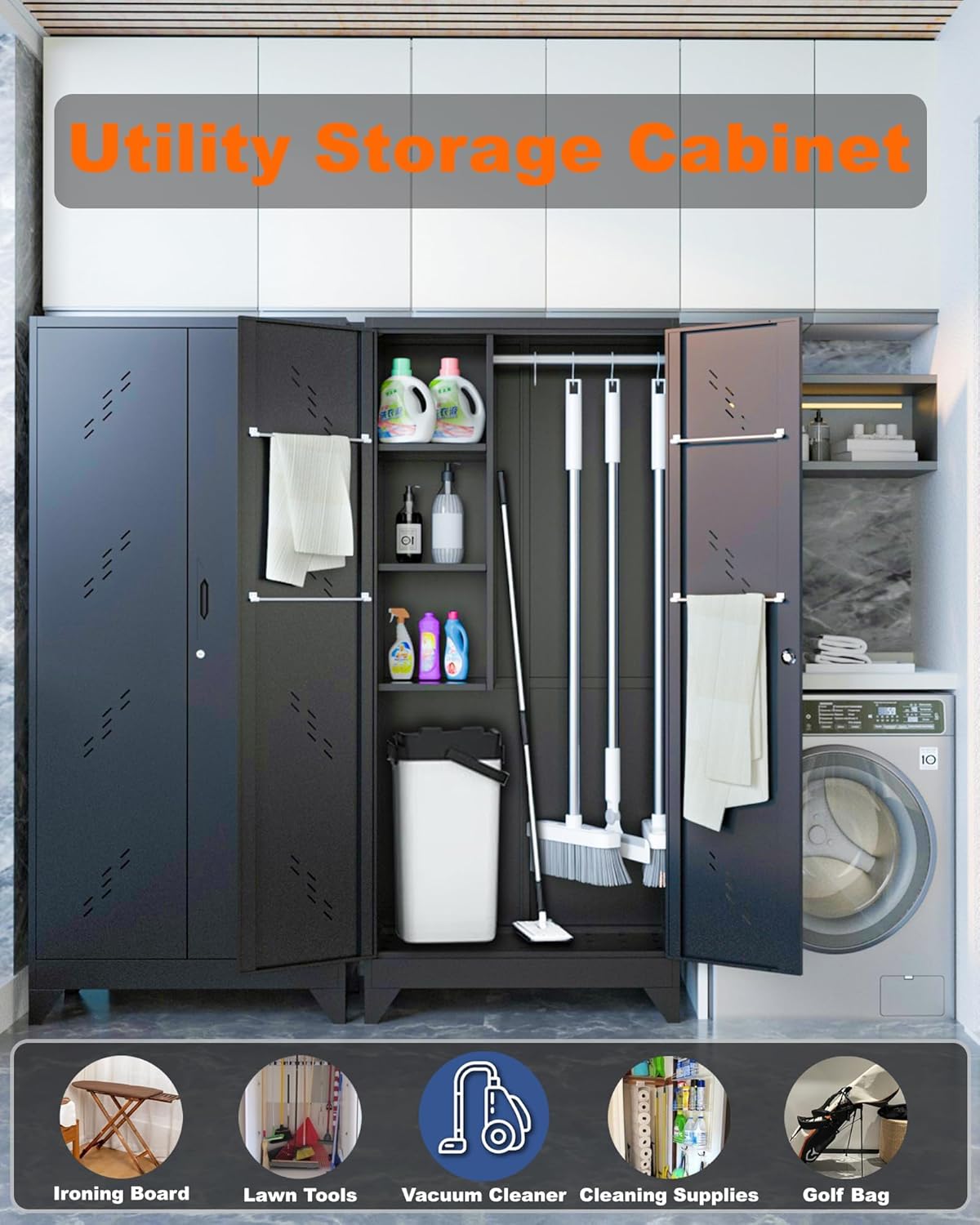 75" Metal Storage Cabinet with Lockable Doors, Functional Garage Storage Cabinet, Tool Chset Garage Organization with Hanging Rod & S-Hooks