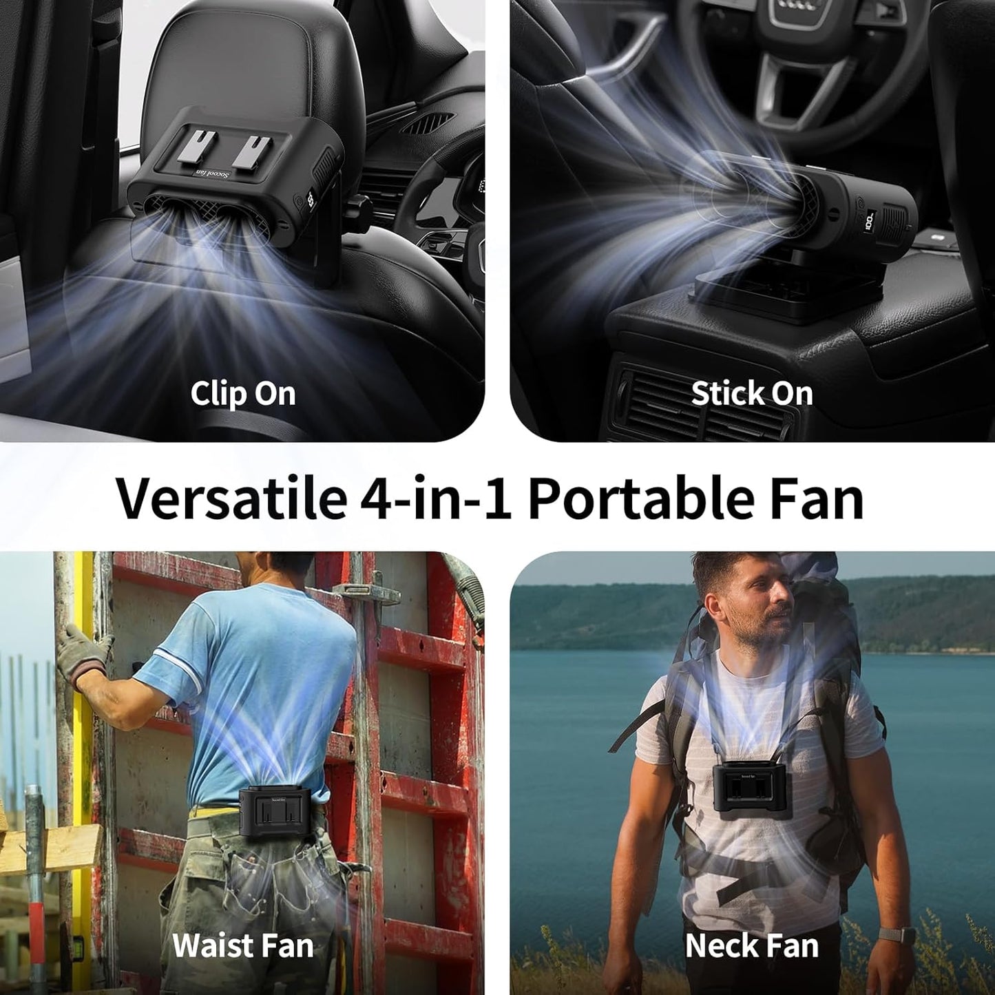 Socool Portable Car Fan - 14500mAh Rechargeable Battery Opearated, Clip on Car Seat Headrest 360 Rotatable, 5-Speed Backseat Fans for Baby Rear Facing Cooling with Dual Air Outlets for SUV RV Truck