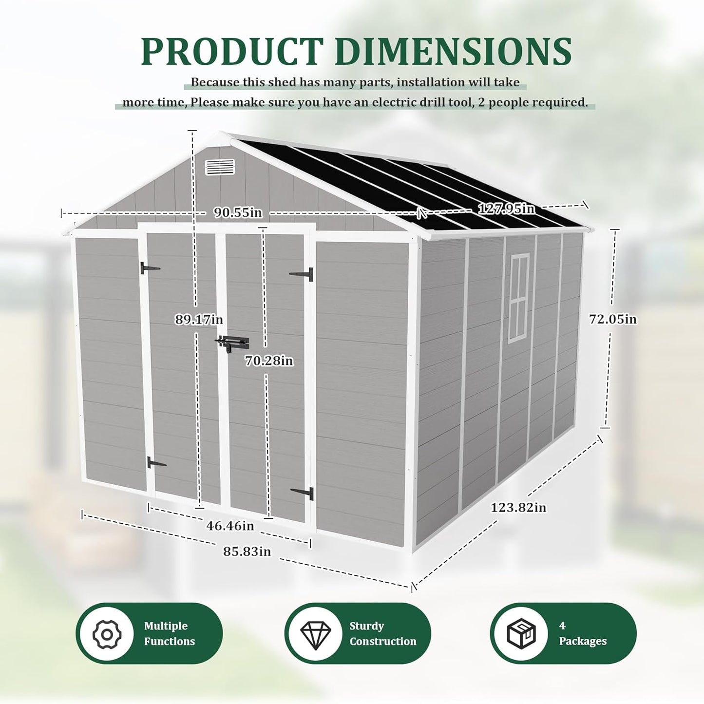 Resin Storage Shed 10x8 ft, Large Outdoor Sheds with Floor, Lockable Doors and Vents, HD Window, 12mm Thick pp Board, Garden Storage Tool Shed for Backyard Patio Lawn (Grey, 10 * 8ft)