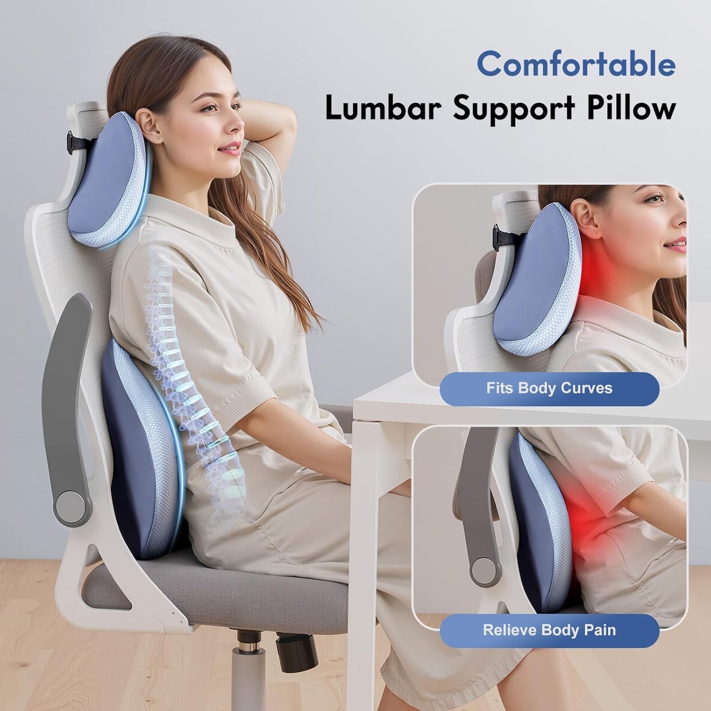 FLORICH Lumbar Support Pillow and Neck Pillow for Office Chair Car, Ergonomic Memory Foam Back Support for Office Gaming Chair Driving Seat Wheelchair, Relieves Neck, Back & Sciatica Pain – Blue