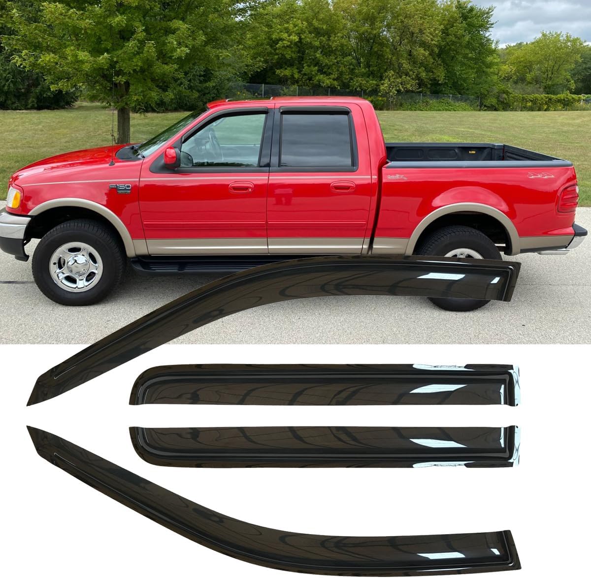 4pcs Original Shatterproof Outside Mount Style Window Rain Guard Shield Side Window Wind Deflectors Dark Smoke Vent Window Visors Compatible with 2009-2014 F-150 SuperCrew/Crew Cab Only 94155