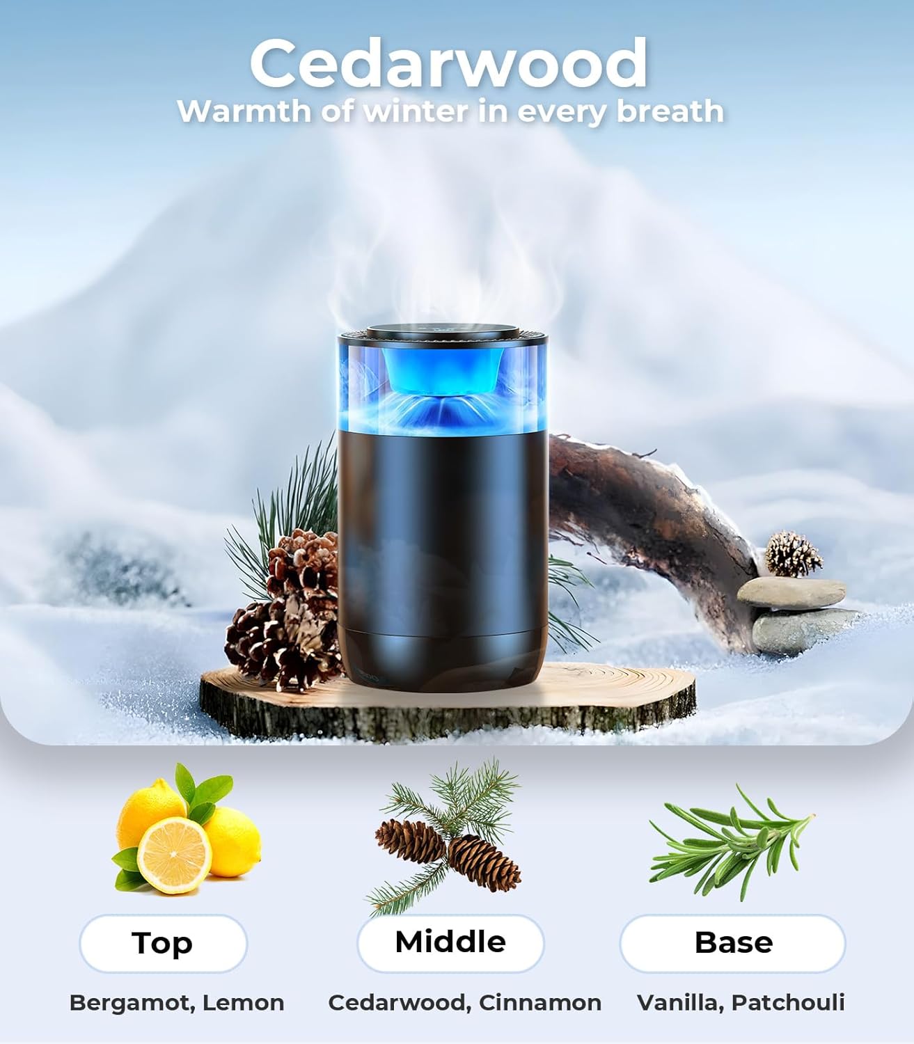 Smart Car Air Fresheners, Ambient Light & Mist Fragrance, Auto On/Off Car Air Freshener Diffuser, Adjustable Intensity, Lasts 6 Months, Built-in Battery, Premium Scents Refill X2 - Cedarwood