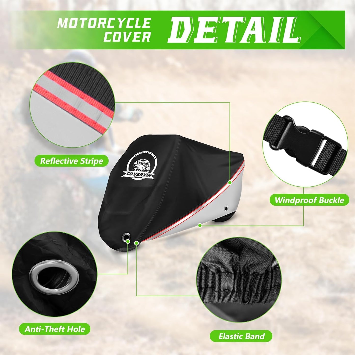 COVERVIN Motorcycle Cover, All Weather Outdoor Waterproof Night Protection with Reflective Strips, Locking Holes and Storage Bag for 104 Inch Suzuki, Kawasaki, Honda, Harley-Davidson(Silver XXL)