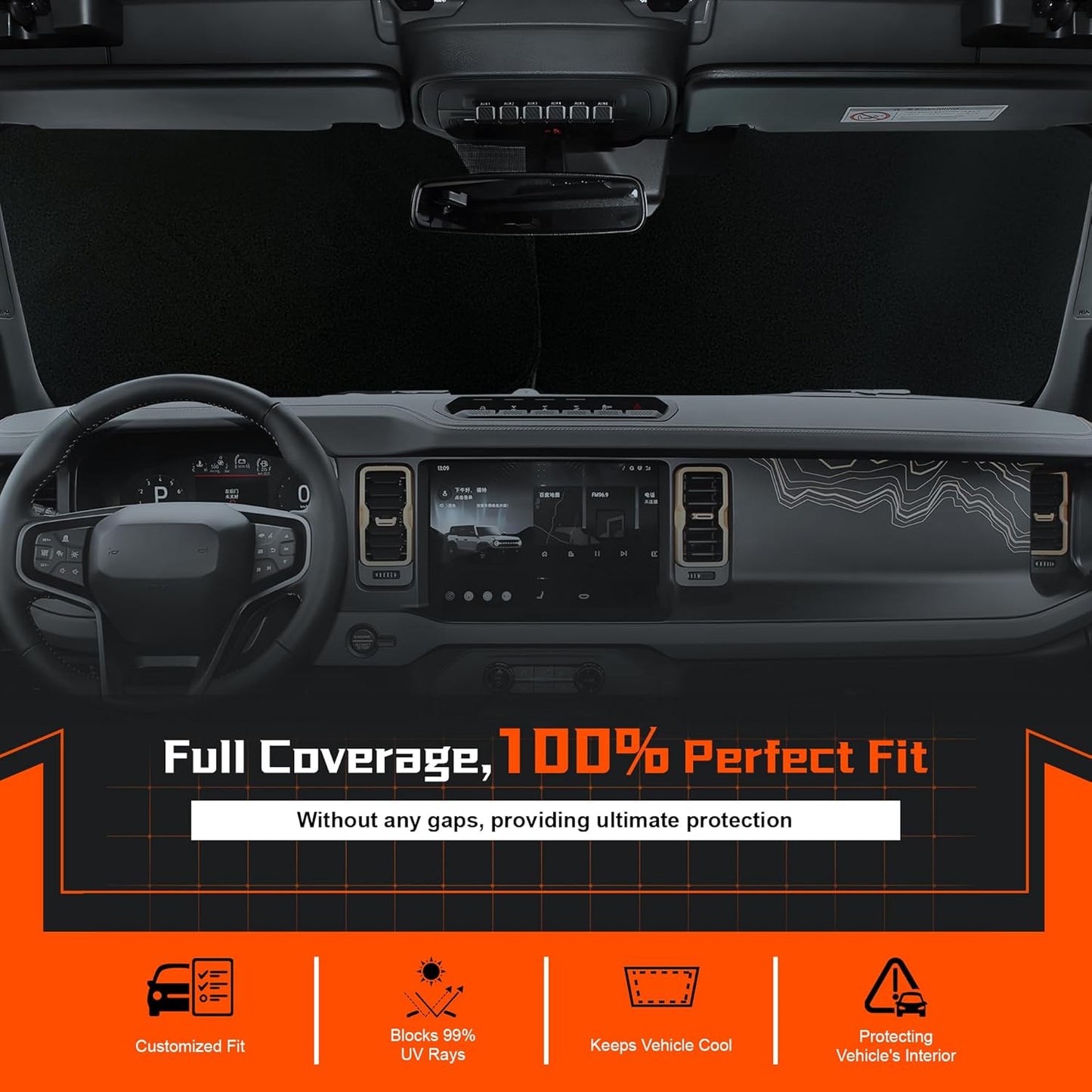 Custom Fit Windshield Sun Shade for Ford Explorer 2011-2019 - Full Coverage, 210T Reflective Fabric, Double-Layer Design - Blocks 99% UV Rays, Keeps Car Cool, Easy to Install and Store