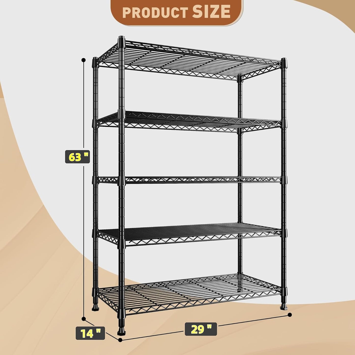 REIBII 5-Tier Wire Shelving Rack Storage Shelves Metal Shelves,1020 LBS Adjustable Heavy Duty Metal Shelving Units and Storage for Garage Pantry Bathroom 29" W X 14" D X 63" H