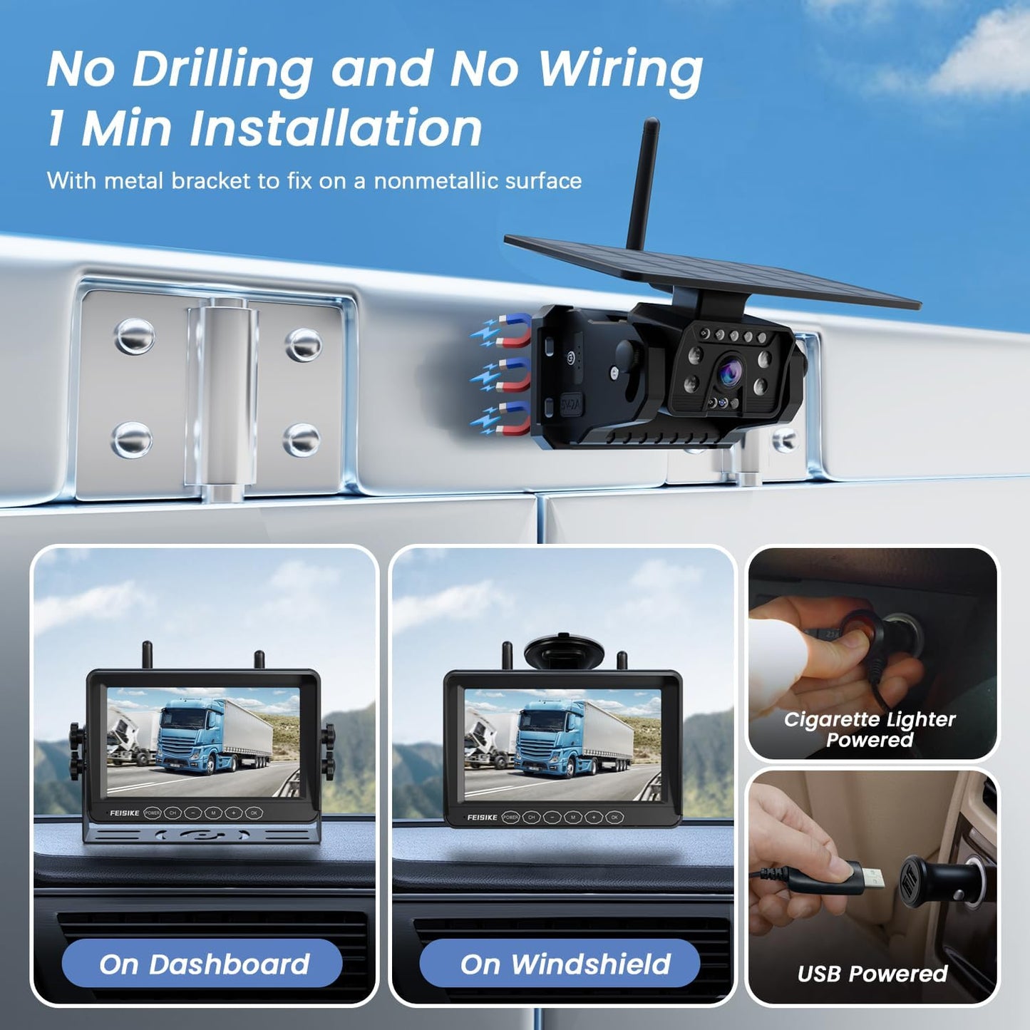 Magnetic Solar Wireless Backup Camera for RV Truck Trailer – 7" 1080P Monitor with Recording, 1-Min Install, No Delay, Wide View, IR Night Vision, 4 Channels, Auto-Sleep Rechargeable Rearview Camera