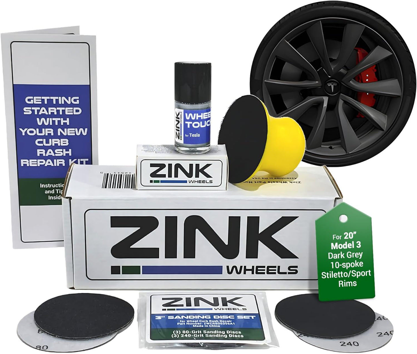 Premium Tesla Wheel Curb Rash Repair Kit for Model 3 20-inch Grey Stiletto/Sport Rims - DIY Kit with Color-matched Touch Up Paint - Made in USA
