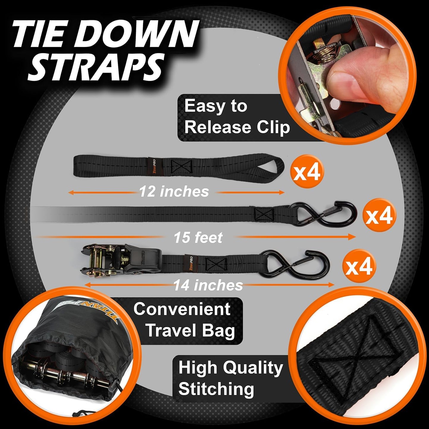 TitanPro Heavy Duty Ratchet Straps 4-Pack - 2,200lb Break Strength, 1" x 15' Rachet Tie Downs with Padded Handles - Heavy Duty, Truck, Motorcycle, Moving Straps (Black)