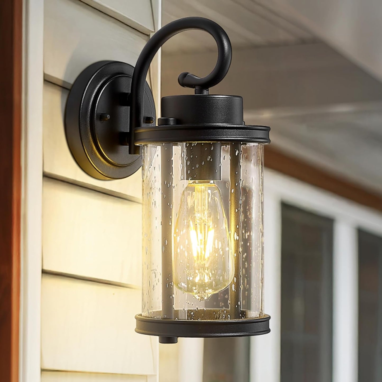 kudos Porch Lights, 12.5 inch Cylinder Outdoor Wall Light, E26 Sockets, Anti-Rust Waterproof Light Fixtures Wall Mount for Patio, Black with Seeded Glass, KDOWL01-BK