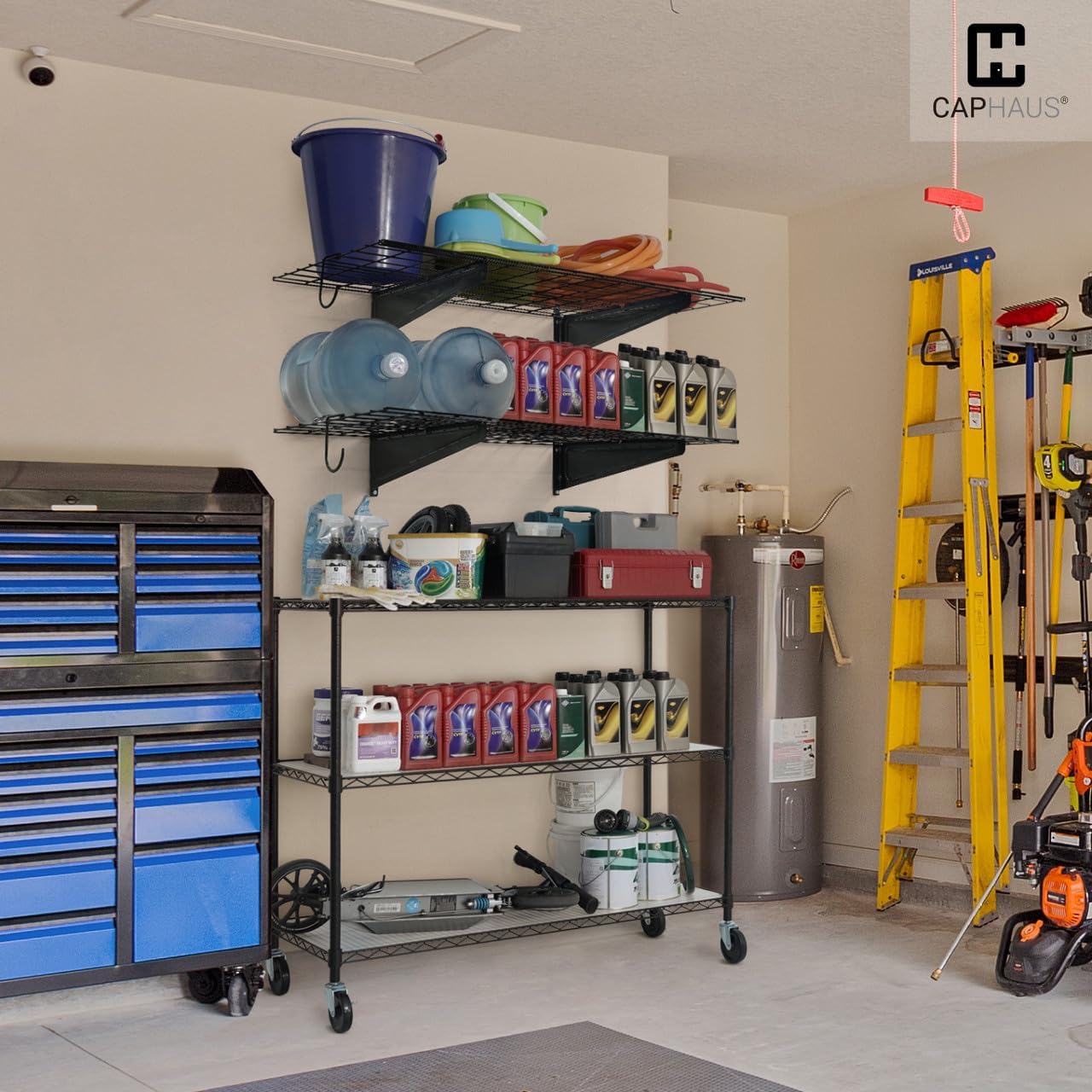 CAPHAUS 2-Pack Garage Shelving Wall Mounted 36x18 Inch, Heavy Duty Metal Wall Shelves with 4 Bike Hooks, 500lbs Capacity Storage Rack for Garage Organization System, Black