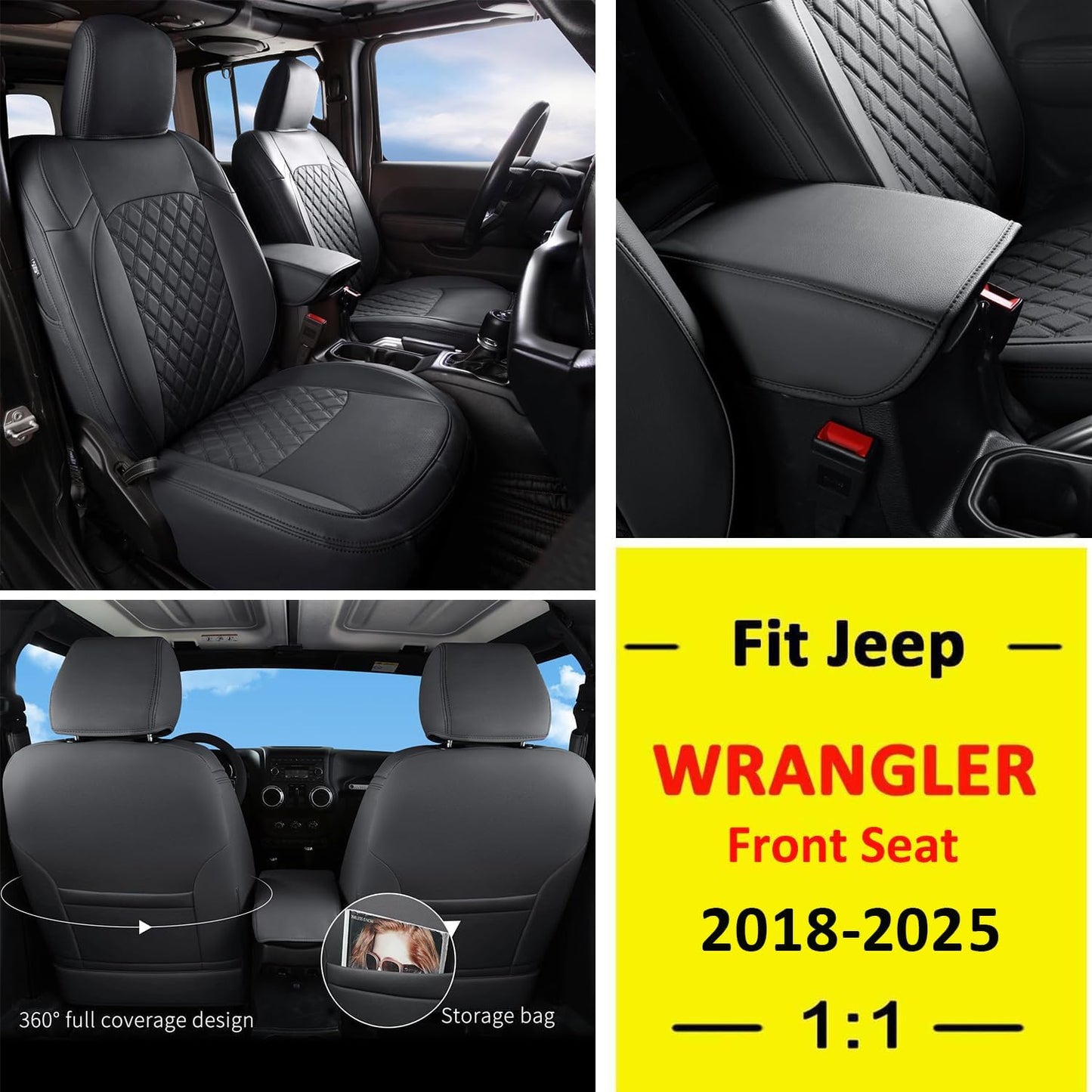 GIANT PANDA Customized Front Car Seat Covers for Jeep Wrangler 2/4 Door JL Sahara Sport Rubicon Unlimited Willys 4xe 2018 2019 2020 2021 2022 2023 2024 2025,Faux Leather - (Black)
