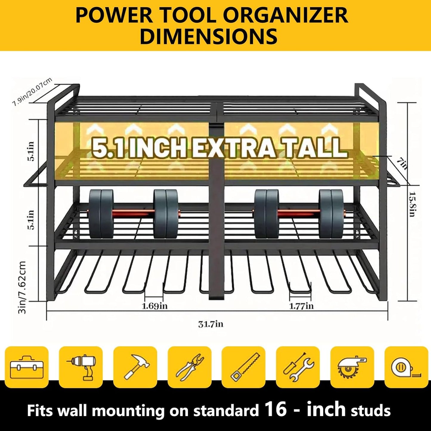 Power Tool Organizer Wall Mount：Heavy Duty Drill Holder Rack with 8 Slots, 4-Tier Metal Tool Shelf for Garage Storage, Workshop, DIY(32inch)