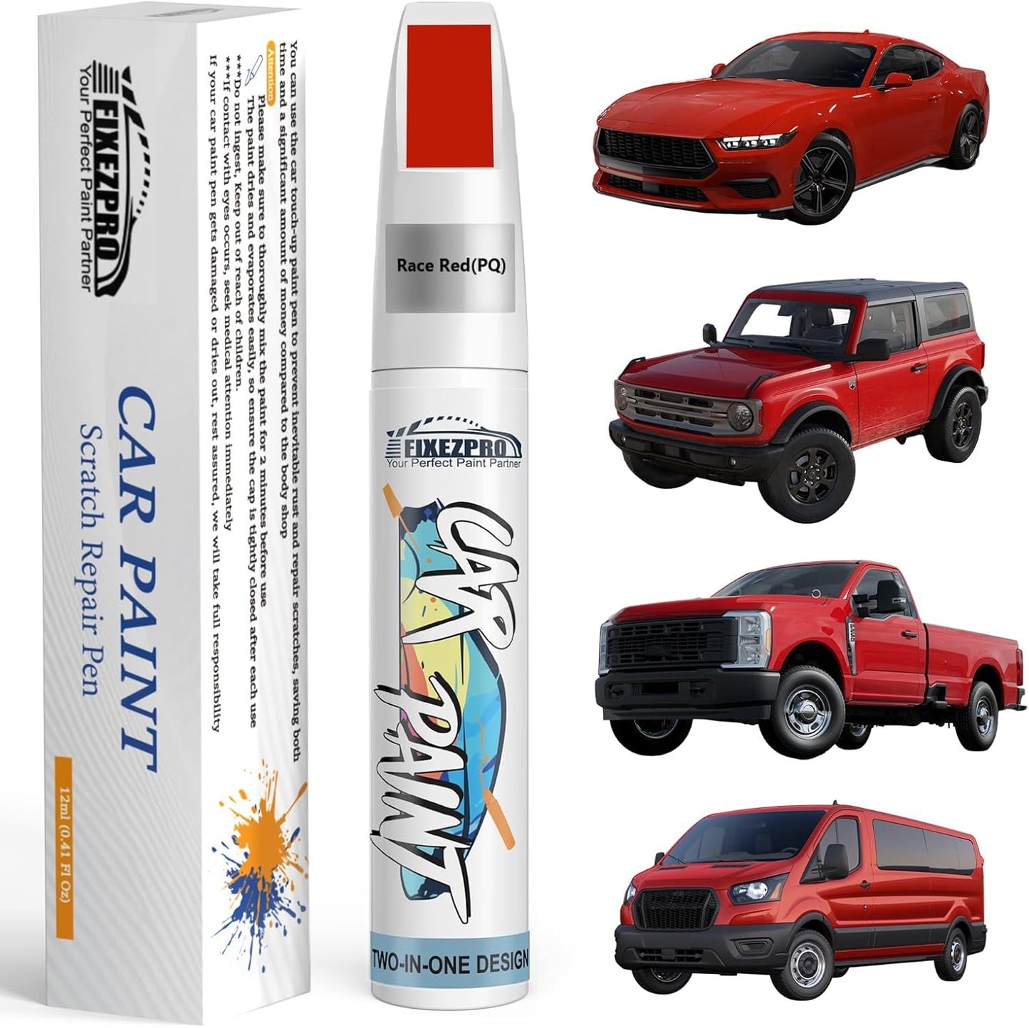 Race Red(PQ) Touch Up Paint for Ford, Car Paint Scratch Repair Remover Pen Color Exact Match, Quick and Easy Fix Automotive Chips and Nicks Scuff