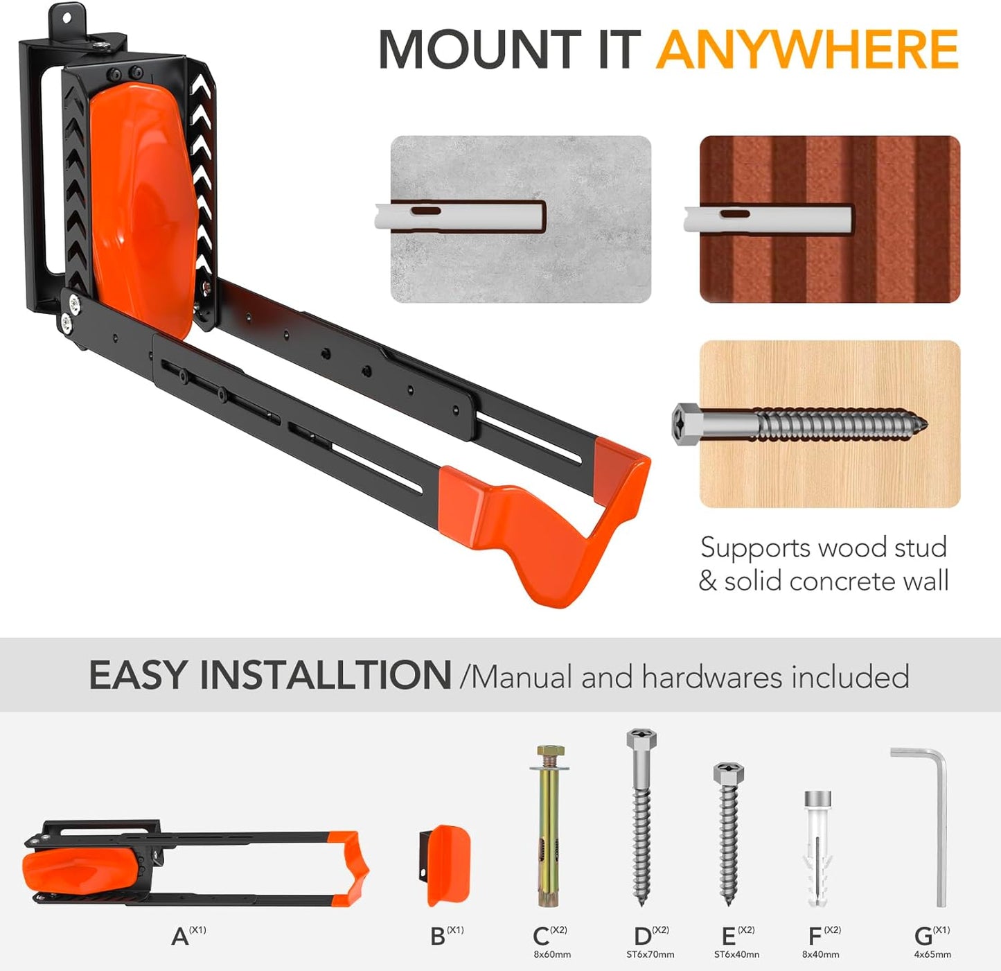 Swivel Bike Rack Wall Mount, Bike Hangers for Garage, Space-Saving Vertical Bike Holder, Holds up to 77 lbs, Bicycle Wall Hanger Storage, No Heavy Lifting Required Indoor Hanging Bike Rack-Orange