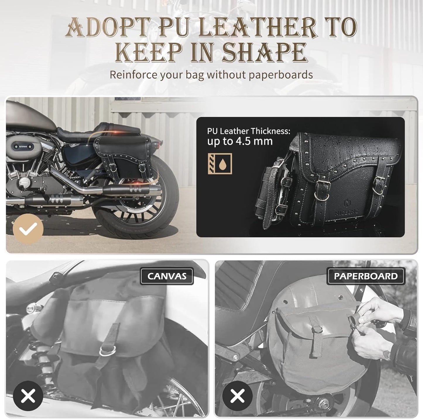 NICECNC Motorcycle Saddle Bags, PU leather Motorcycle Saddlebags, Reinforced Straps & Saddle Piece, with Cup Holder, Throw Over Saddle Bags Side Bags Universal Motorcycle Accessories bags, BlACK