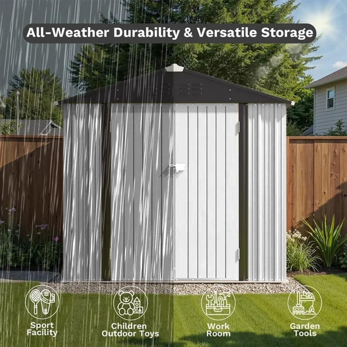 Greesum 8×6FT Outdoor Storage Shed, Metal Patio Storaged Sheds with Lockable Doors, Sheds & Outdoor Storage for Bike, Backyard, Pool and Garden, White