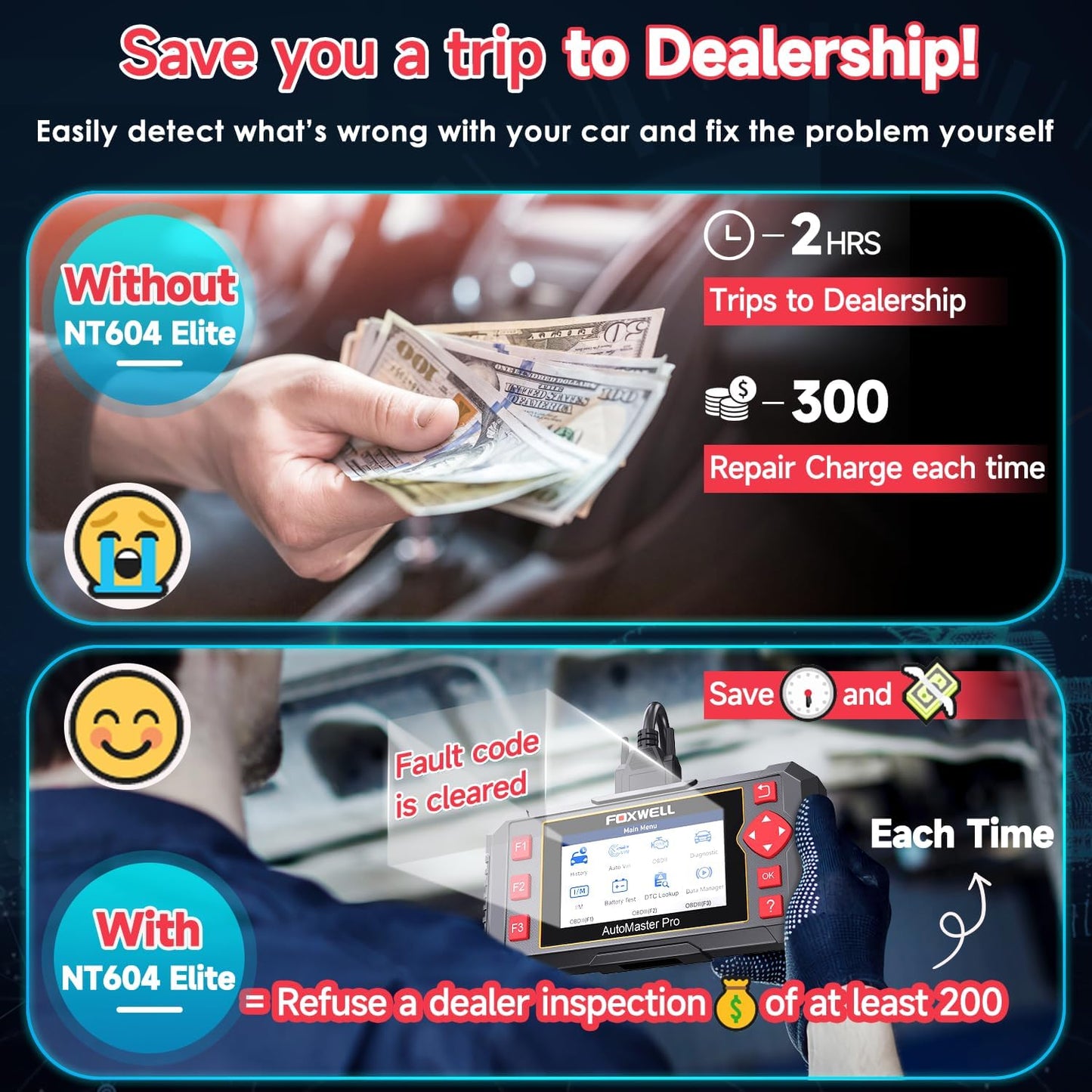 FOXWELL NT604 OBD2 Scanner Diagnostic Tool, Check Engine Code Reader, ABS SRS Transmission Airbag Car Scanner, Car Scan Tool for All Vehicles, English/Spanish Ver., Lifetime Free WiFi Update, AutoVIN