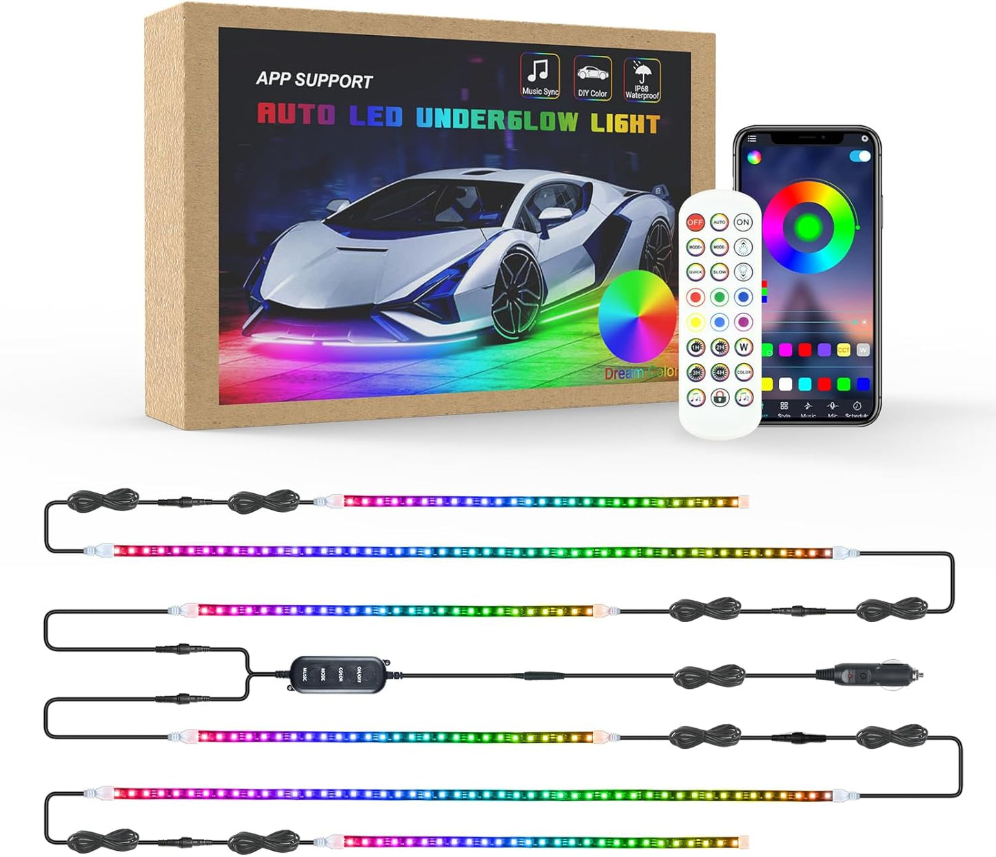 Car LED Underglow Lights - 6Pcs Car Underglow Neon Accent Strip Lights with Dream Color Chasing, APP Control 12V 300 LEDs Underbody Lights, Waterproof Underglow Led Light Kit for Cars, Trucks, Boats