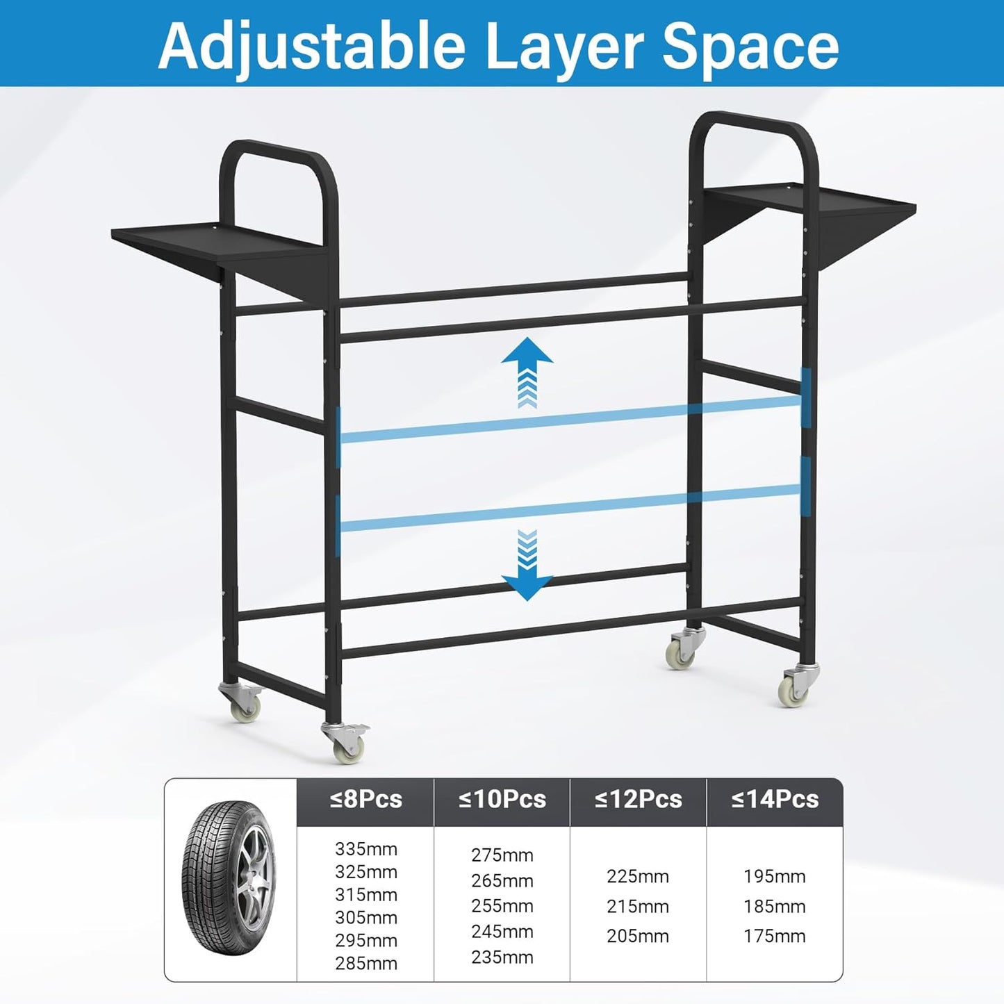 Tire Storage Rack 57" x 55.1" x 20" w/Anti-dust Cover, Adjustable Rolling Tire Rack for Garage Black w/4 Swivel Casters & 2 Storage Shelf for Garage Storage