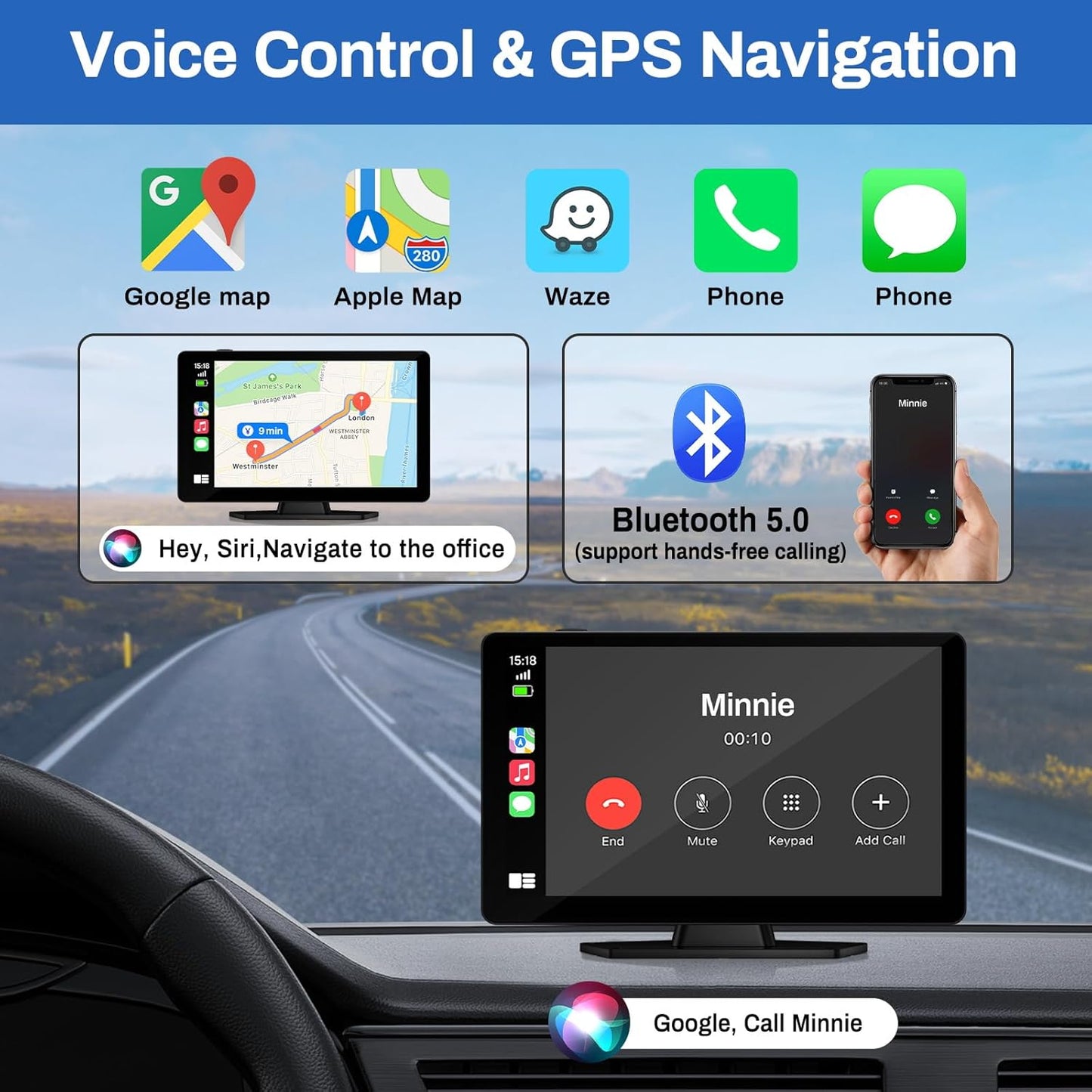 Wireless Carplay Screen for Car with 4K Dash Cam, 9" Portable Carplay & Android Auto, Component Subwoofer, Touchscreen with 1080p Backup Camera, GPS Navigation/Voice Control/BT/Mirror Link/FM