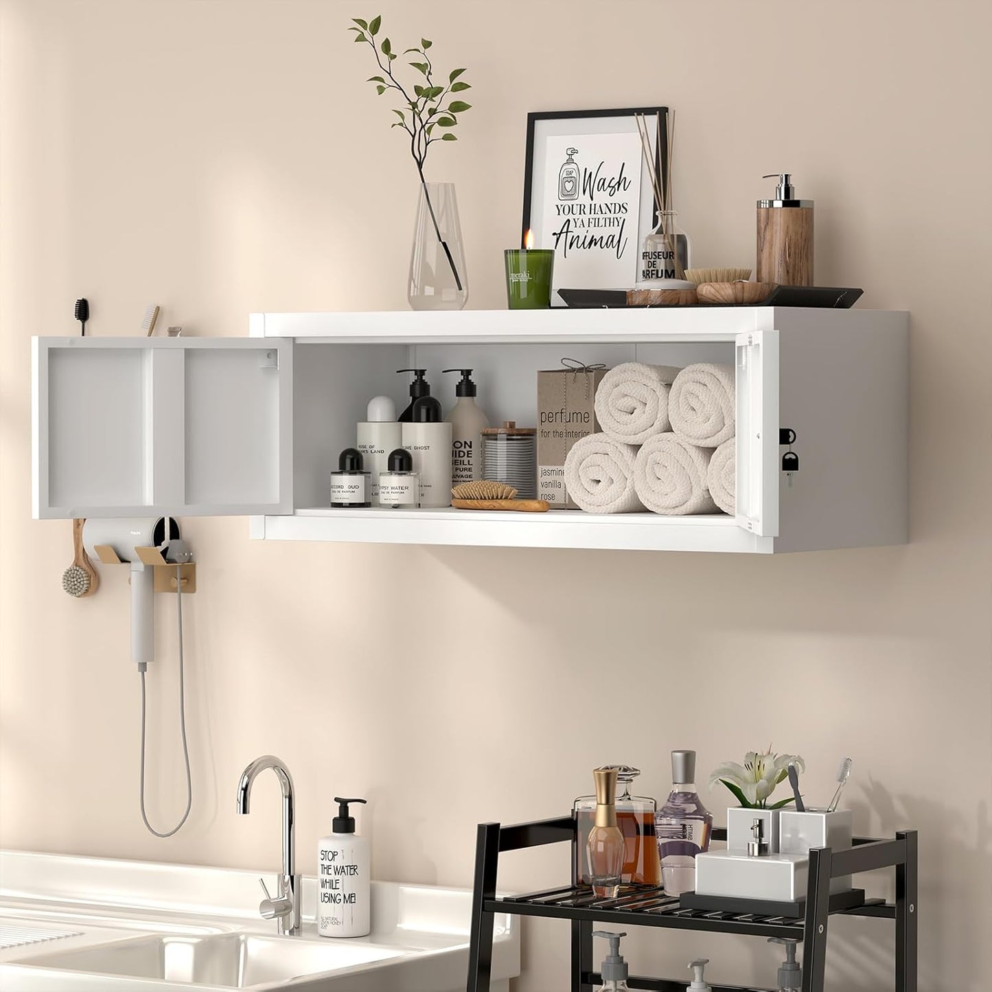 LUCYPAL Metal Storage Cabinet,Garage Wall Mounted Storage Cabinet with Locking Doors,Steel Hanging Cabinets for Home Office,Warehouse,Bathroom,Kitchen,White,12.8''H