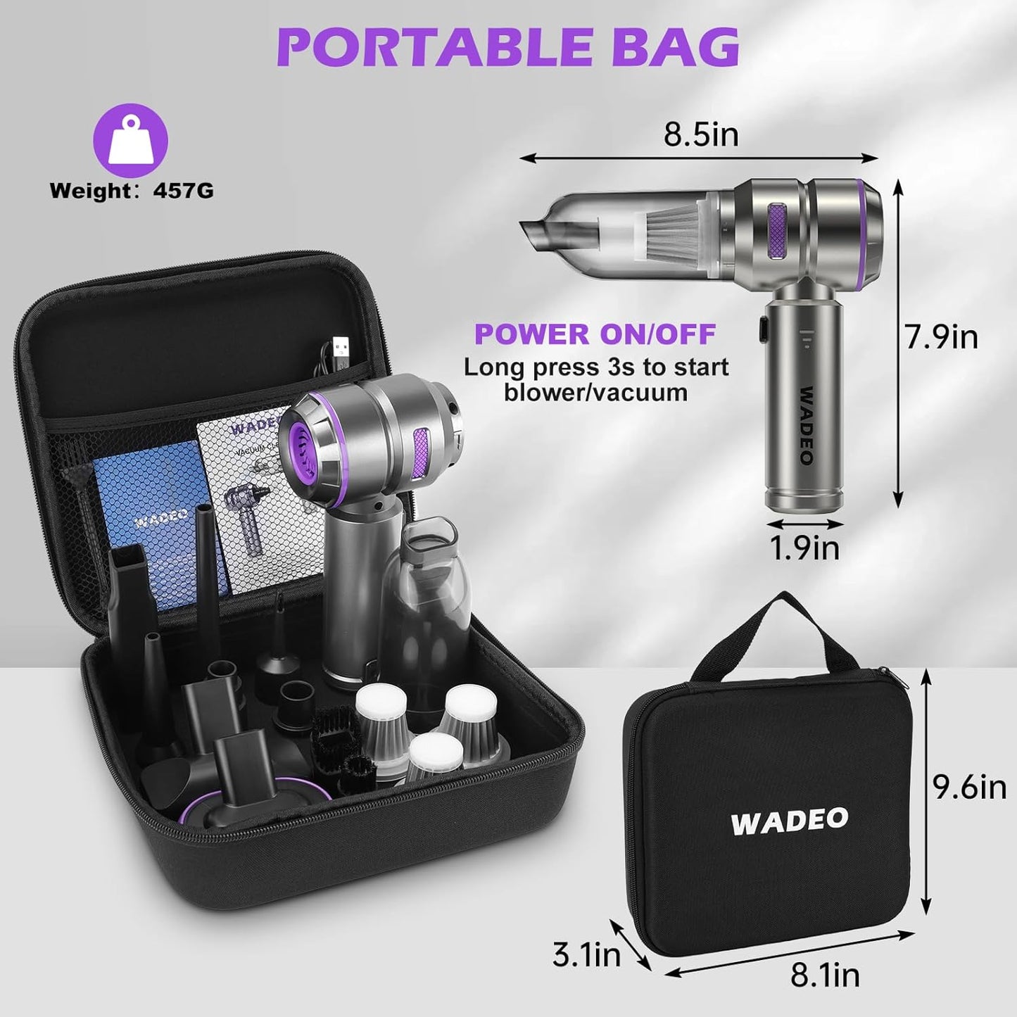 WADEO Handheld Vacuum Cordless, 4-in-1 21000PA Brushless Car Vacuum & 210000RPM Air Duster 7500mAh Battery Air Blower Wireless Handheld Vacuum for Car, Office and Home Cleaning