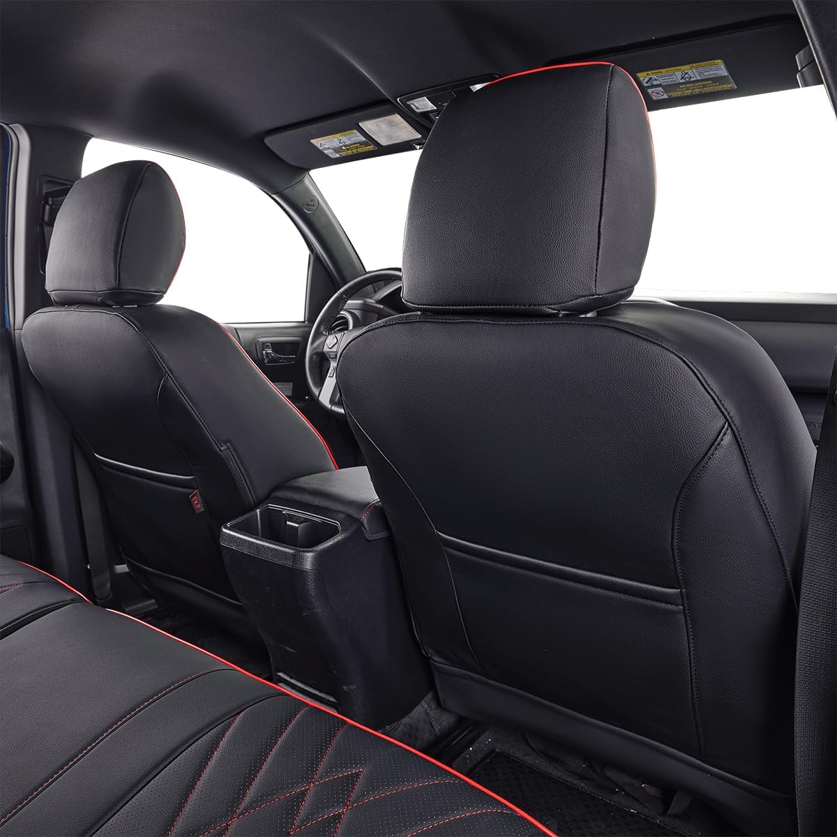 EKR Custom Fit Tacoma Rear Car Seat Covers for Select Toyota Tacoma (Petrol) 2024 2025 Double cab SR,SR5,TRD Sport,TRD Off-Road,Limited - Second Row Only,Leather (Black with Red Trim)