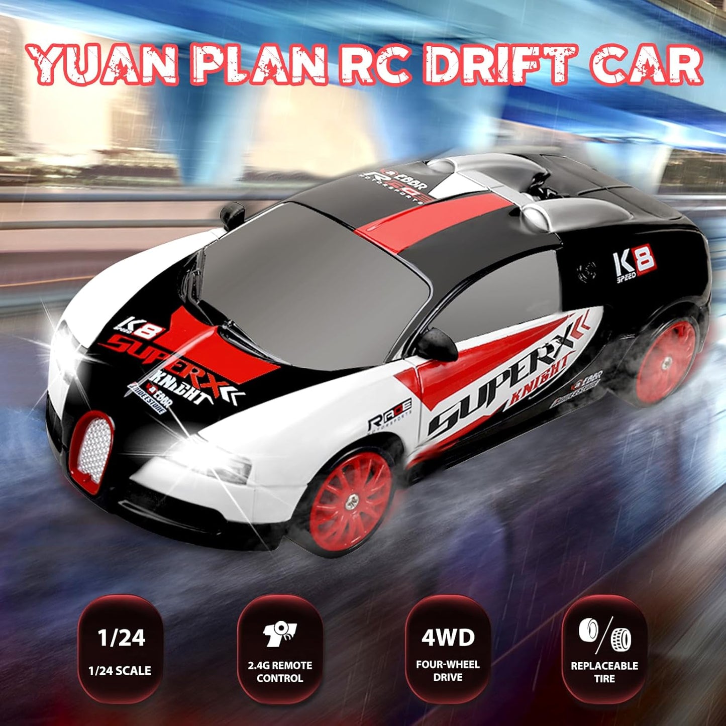 RC Drift Car 2.4GHz 1:24 Remote Control Cars 4WD 15KM/H High Speed Drifting RC Cars with Cool Lights, Two Batteries and Extra Tires Toys Car for Kids Boys Girls Adults, Black
