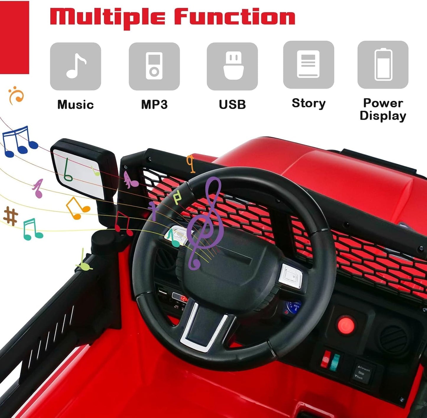 OLAKIDS Kids Ride On Truck, 12V Electric Vehicle Jeep Car with Remote Control, Toddlers Battery Powered Toy with 2 Speeds, Spring Suspension, Double Open Doors, LED Lights, Music, TF,USB, Mp3 (Garnet)