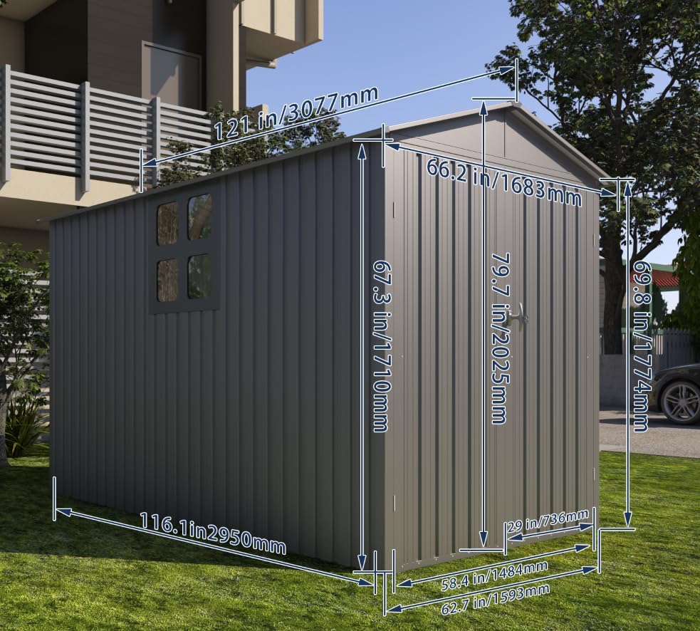 Motorcycle Steel Storage Shed with Window & Tracks,Outdoor Weather-Resistant Storage Box for Bikes, Tools, Sports Equipment,Easy Assembly, 121" W Gray