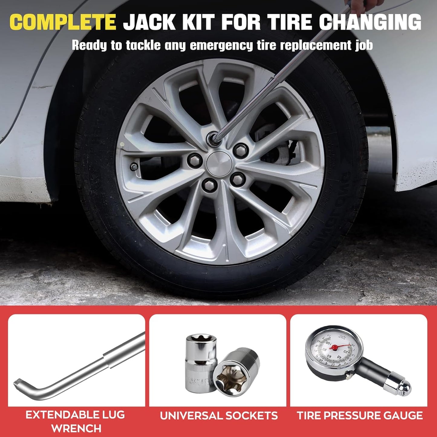 IMAYCC Car Jack Kit Scissor Jack for Car Spare Tire Changing Kit,Portable Tire Jack Repair Kit with Lug Wrench, Car Emergency Kit for Auto/SUV/MPV-2 Ton (4409 lbs) Red