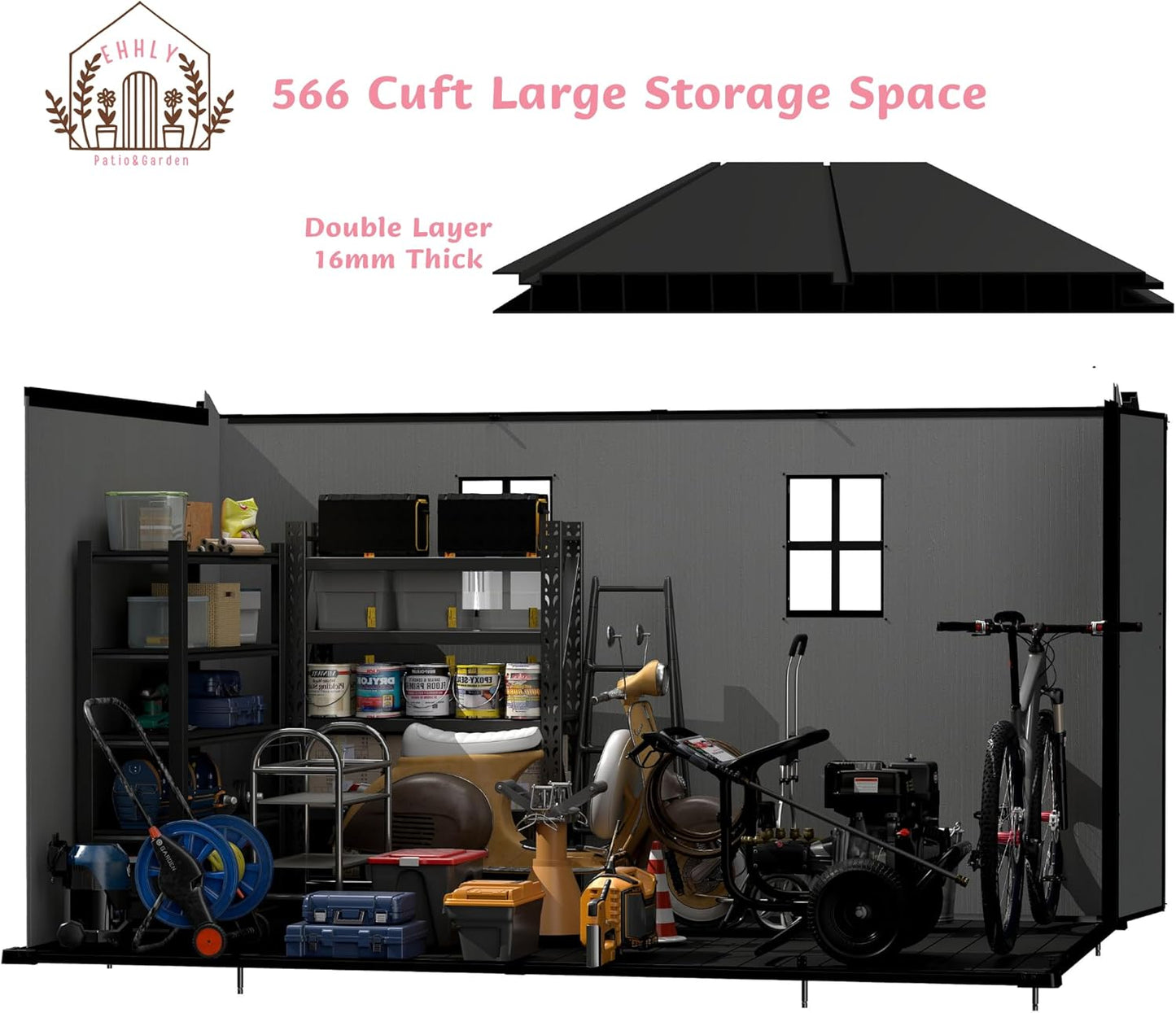 7.3x11.2 FT Resin Outdoor Storage Shed Large, 566 Cuft Garden Tool Sheds & Outdoor Storage Plastic Shed with Floor, 8FT Tall Backyard Lawn Mower Storage Shed with Side Window, Cemented Grey