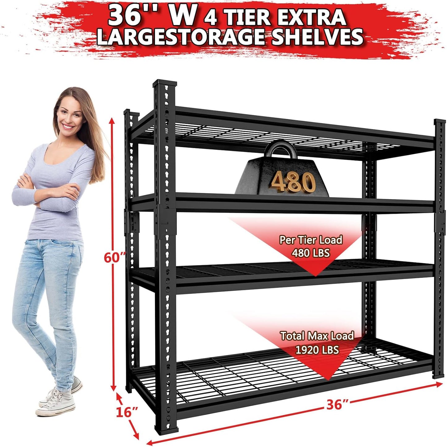 Storage Shelves 3PCS, Garage Shelving Heavy Duty 1920LBS Capacity, 36"L x 16"W x 60"H Adjustable Metal Shelving Organizer Wire Rack, 4 Tier Utility Shelf Unit for Pantry Closet Warehouse Organization